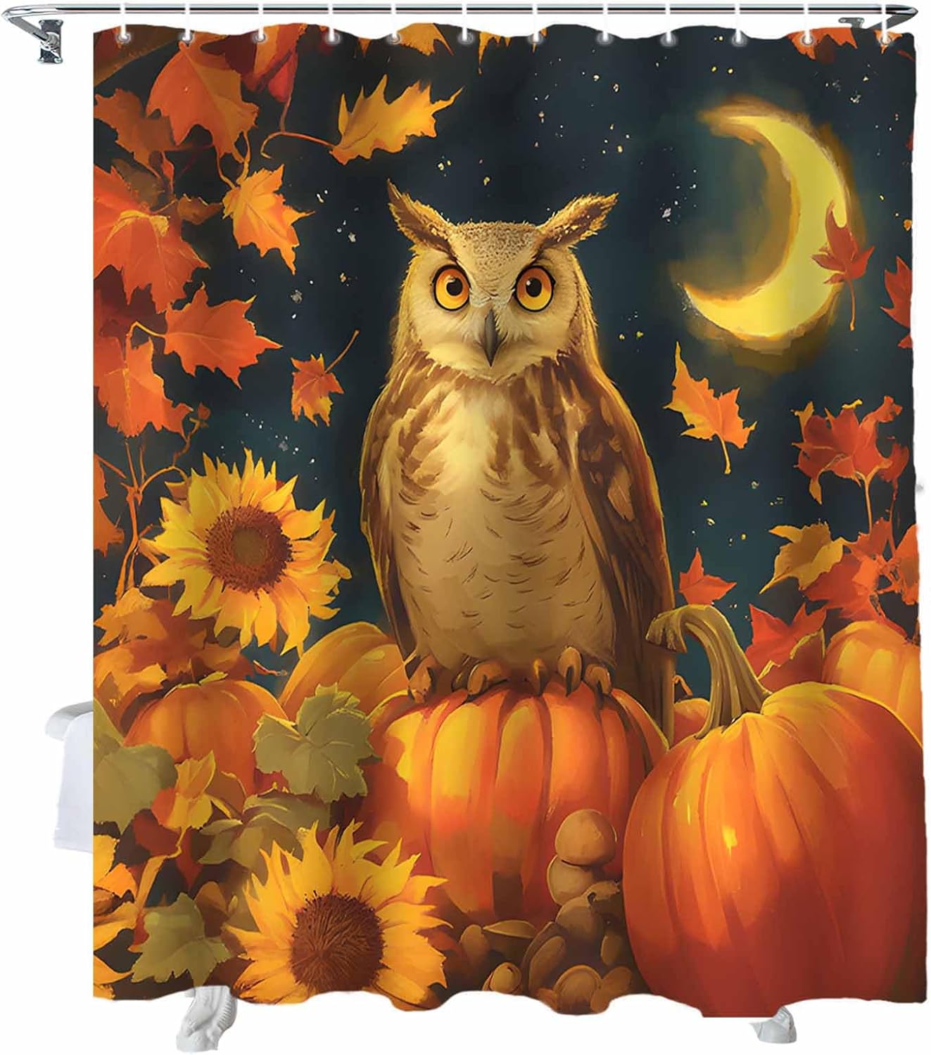 Fabric Shower Curtain for Bathroom, Fall Night Owl Custom Shower Curtain Set with Hooks, Luxury Bathroom Curtains, Pumpkin Maple Leaf Waterproof Polyester Bathroom Accessories, 36x72inch