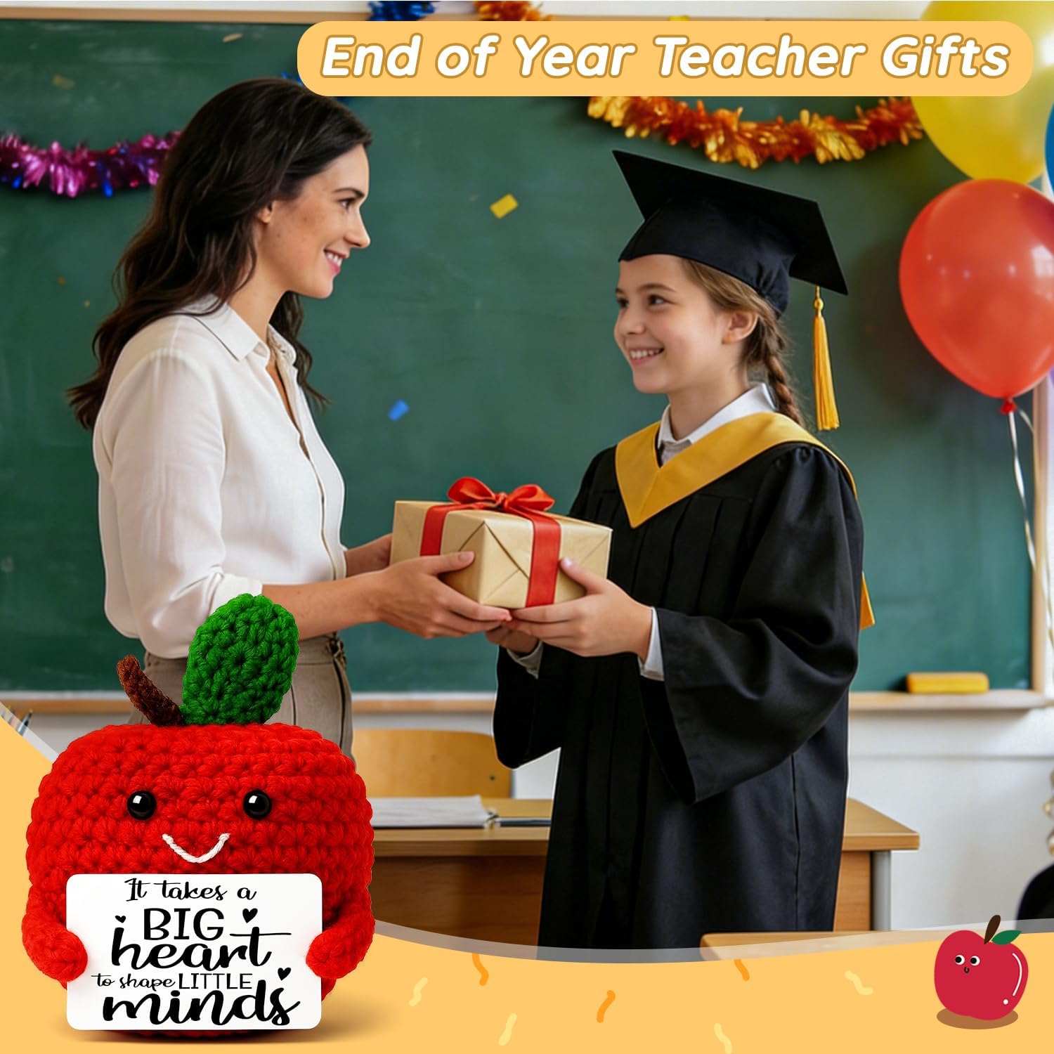MAMAGIFTREE Teacher Appreciation Gifts - Crochet Apple with Big Heart - Unique Thank You Gifts for Daycare Kindergarten Preschool Teachers, End of Year Back to School Gift for Teacher