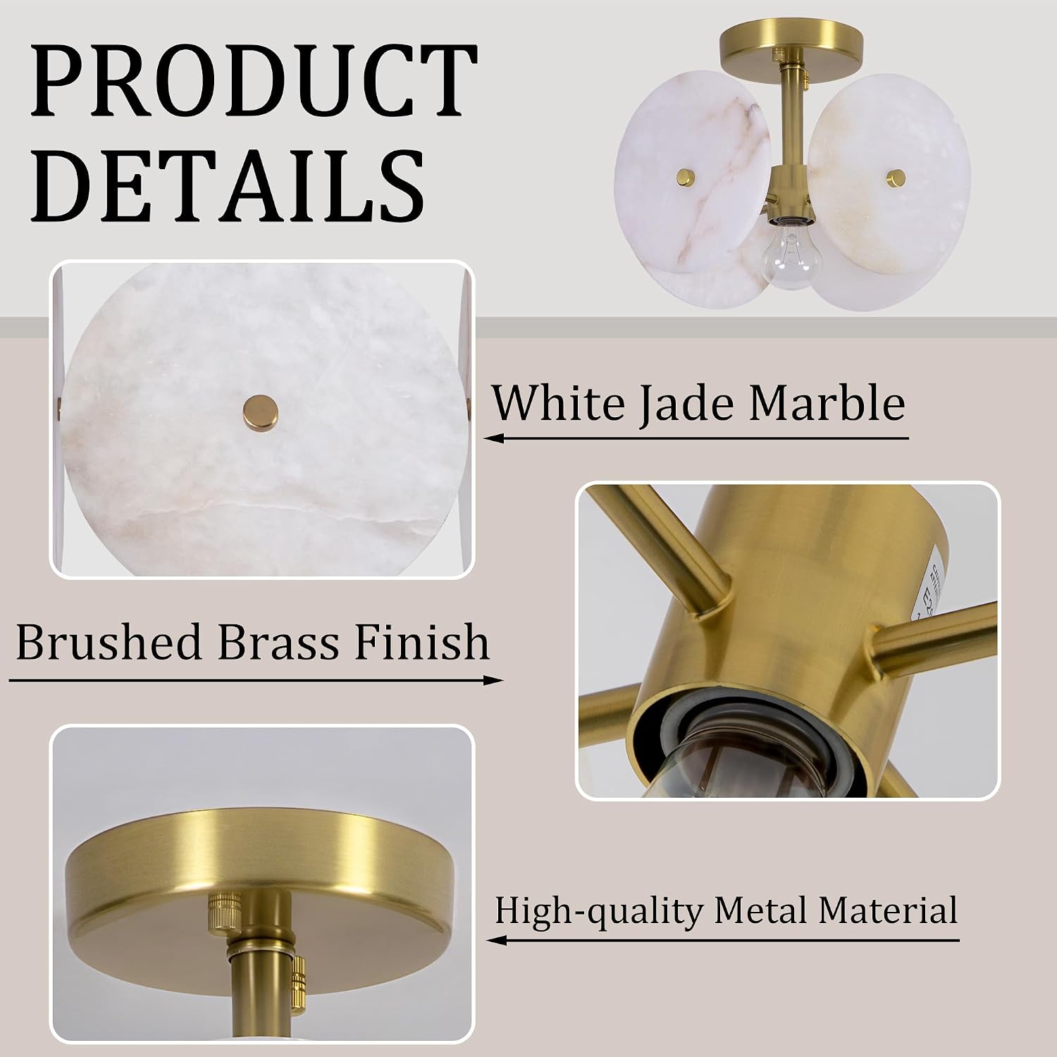 Maxax 10" Modern Luxury Semi-Flush Mount Ceiling Light with Natural Marble Panels & Gold Brass Finish - Dimmable 1-Light Fixture for Entryway, Bedroom, Kitchen, Dining Room