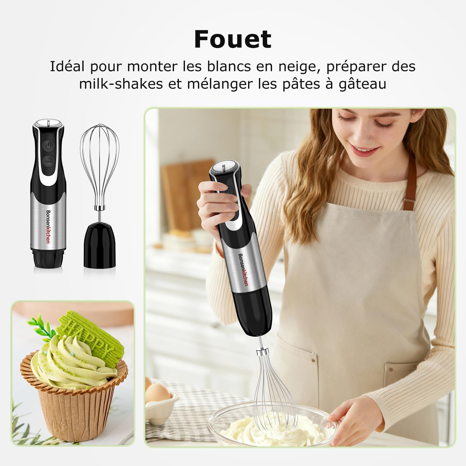 Bonsenkitchen Mixeur Plongeant 4-en-1, 1000W Inox avec 12 Vitesses et Fonction Turbo, Fouet, Verre Doseur 700ml, Hachoir – Idéal pour Aliments Bébé, Soupes & Smoothies