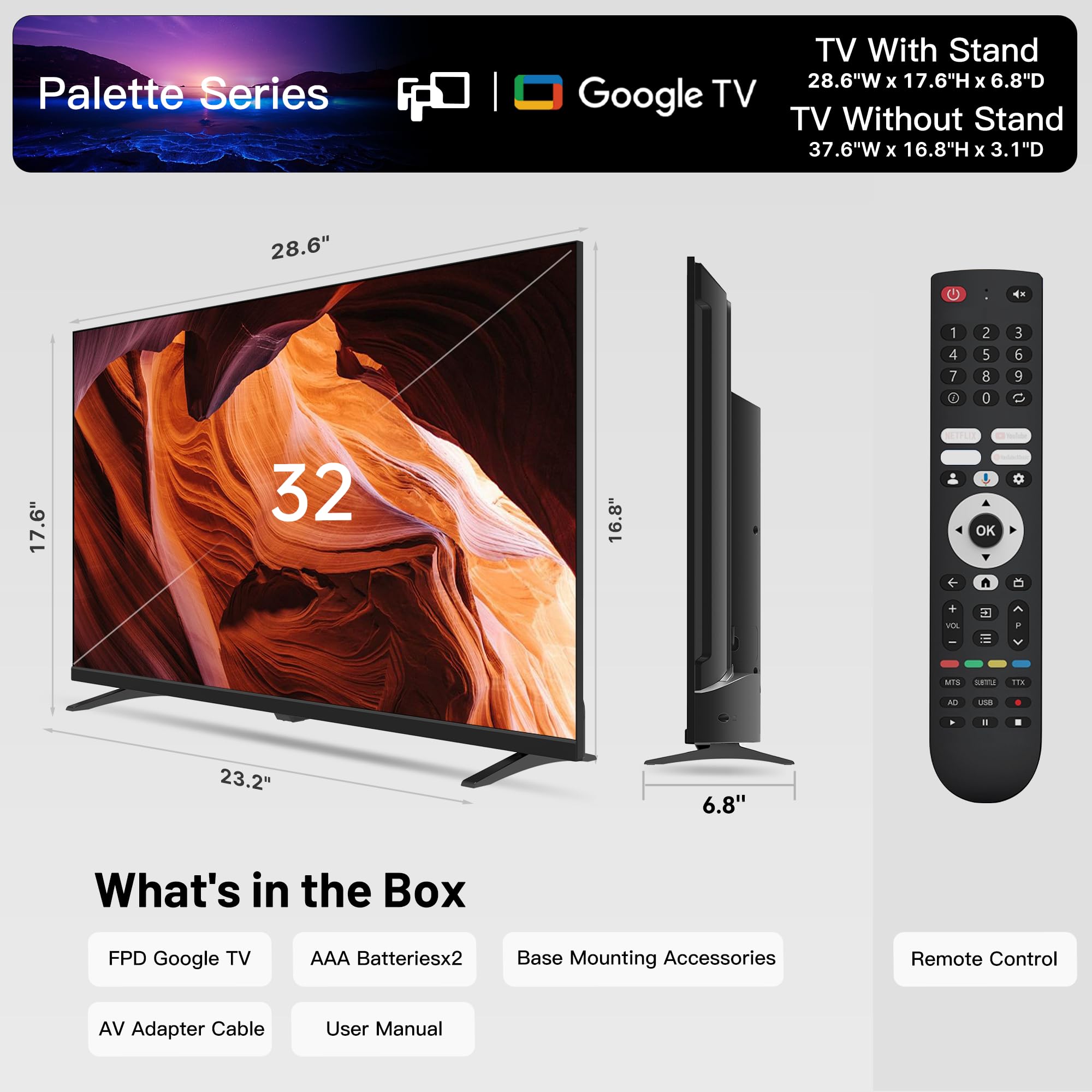 FPD 32-inch Smart TV Google TV HD 720p with Google Play and Google Cast Built-in, HDR 10, Dolby Audio, Voice Remote, Stream Live TV(Palette-Series, CG32-P3, 2024 Model)