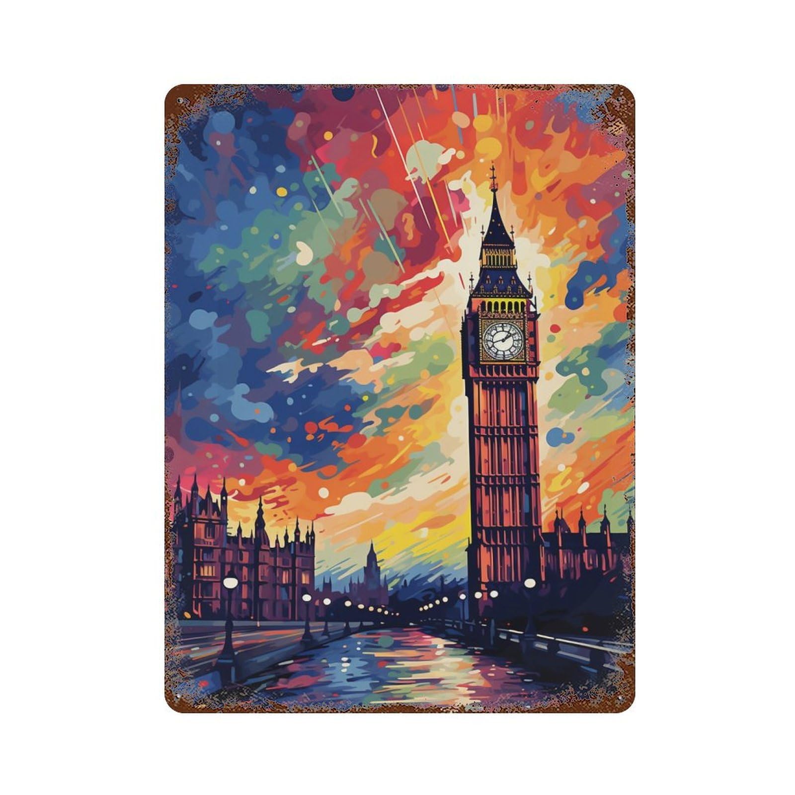 Weathered Tin Sign London Skyline with Big Ben 15.7"x11.8", Novelty Wall Decor for Basement, Hobby Room And Garage Decor