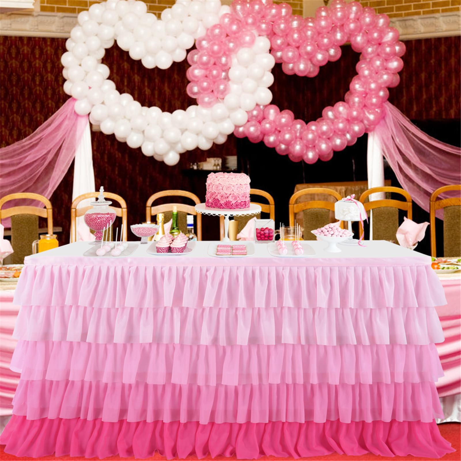 Spódnica stołowa, spódniczka tutu na prostokątne okrągłe stoły, szyfonowy obrus, baby shower, przyjęcie urodzinowe, dom, gradientowy tort, deser, dekoracja stołu (różowy, 427 x 77 cm)