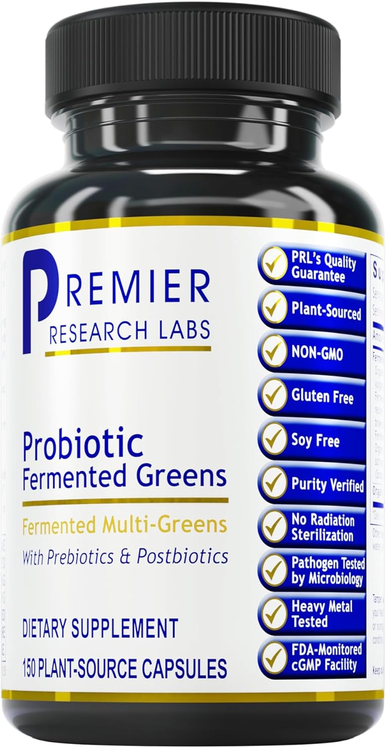Premier Research Labs Probiotic Fermented Greens – Super Greens Supplement, Superfood Blend, Organic Vitamins with Probiotic – Daily Greens with Spinach, Chlorella, & More – 150 Powder Filled Capsules