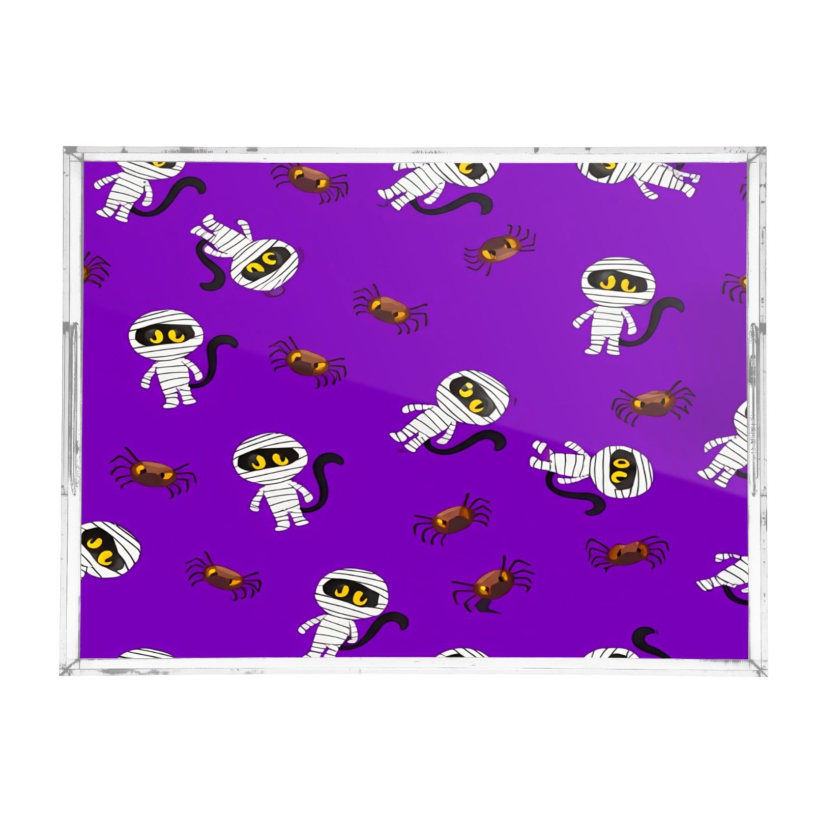 BOESI Cute Mummy and Spider Acrylic Decorative Dining Tray, Acrylic Decorative Tray Organizer with Handle for Kitchen, Dining Room, Bathroom, Dresser