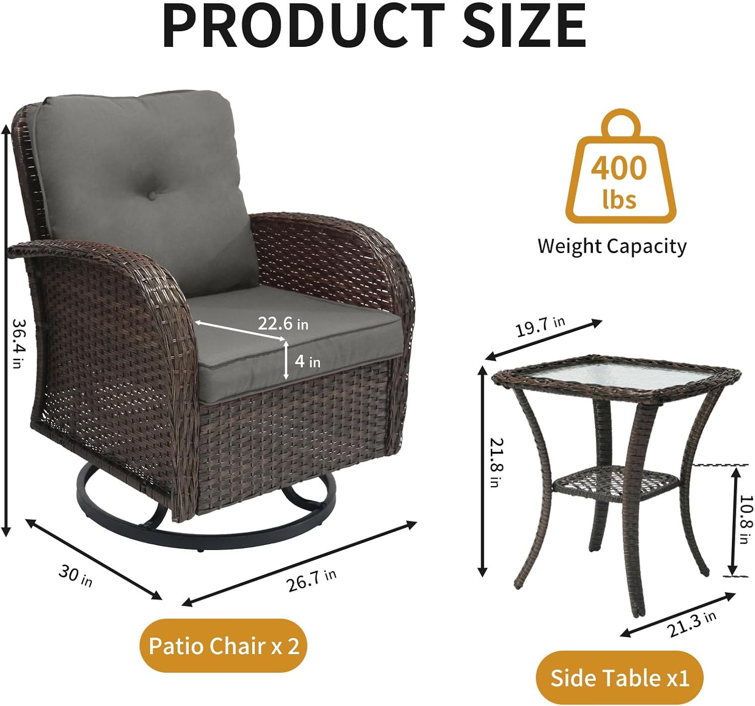 YLGJ&TIDY 3 Pieces Patio Furniture Sets Swivel Rocker Rattan Chairs Set of 2 with Cushion Side Coffe Table Wicker Patio Bistro Set Glider Chairs Table Set for Patio Balcony Backyard Outdoor, Gray-3