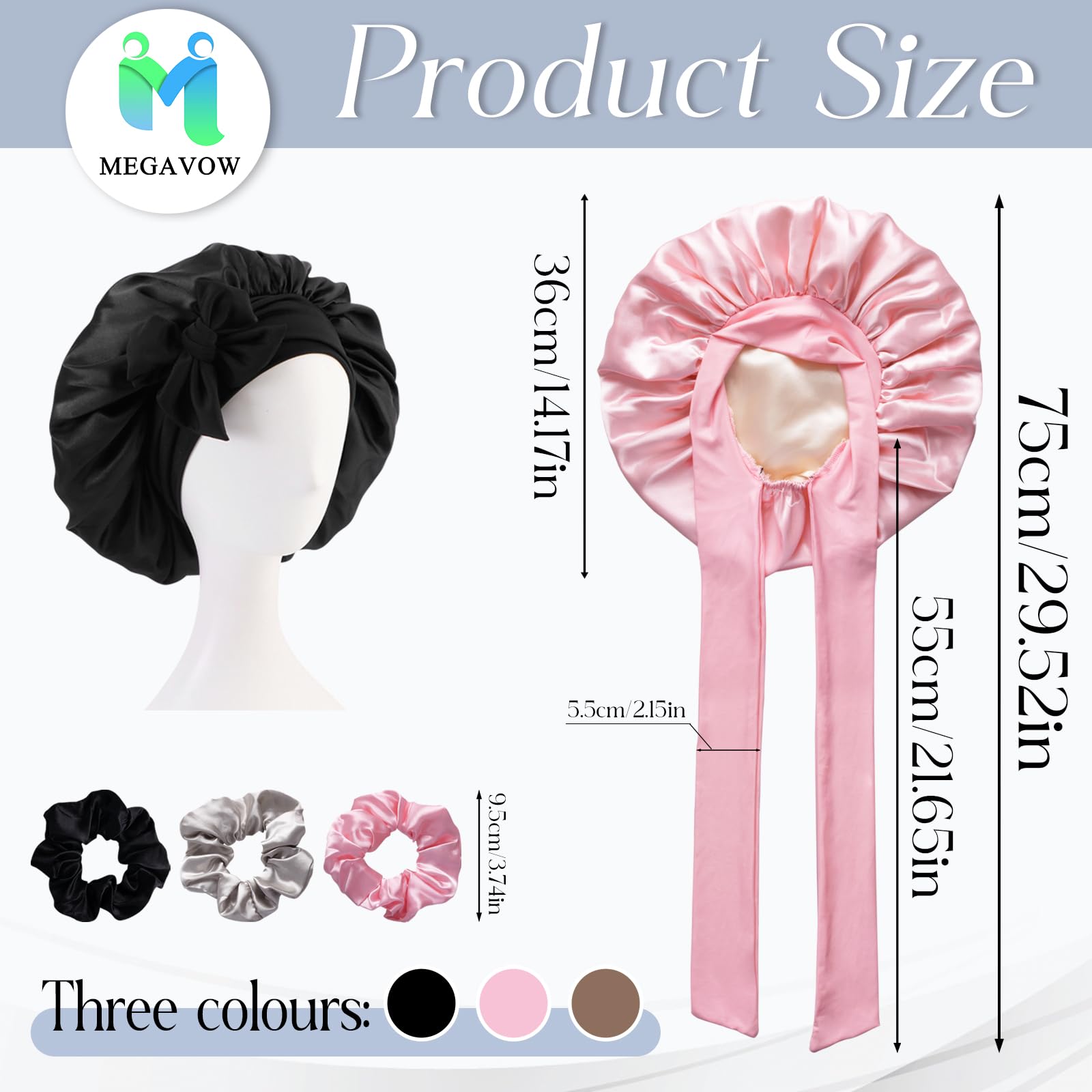 Cuffia Seta Capelli Ricci con 3 Pezzi Scrunchies Grande Regolabile Bonnet da Notte in Raso Doppi Strati Dormire Berretto per Protezione Capelli