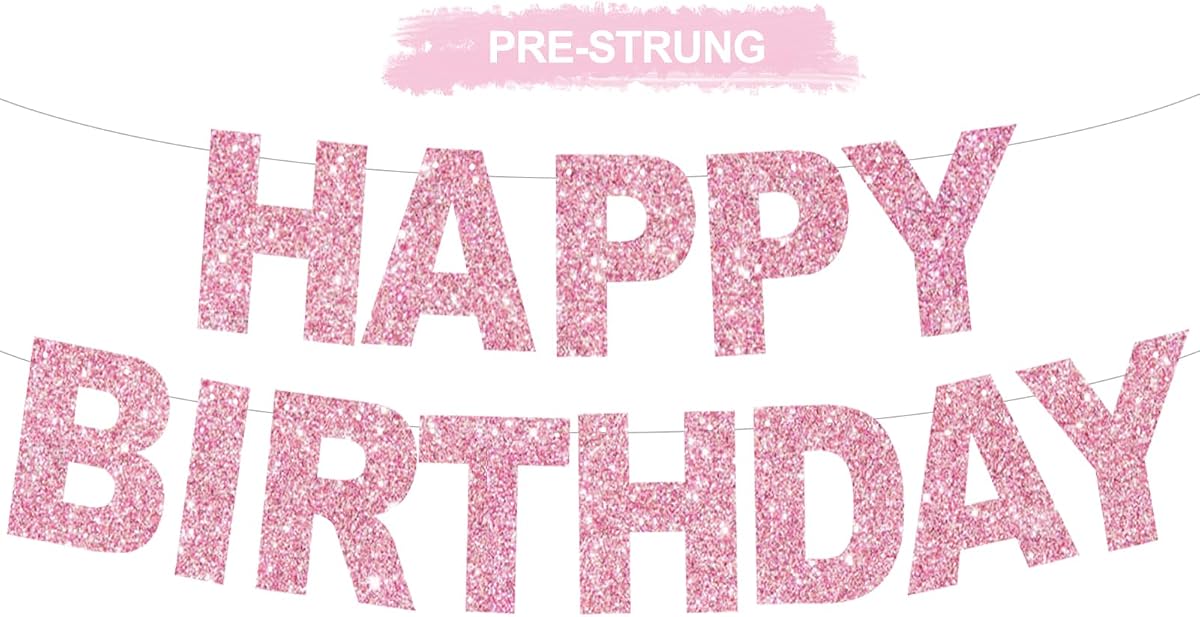 BEISHIDA Pre-Strung Glitter Pink Happy Birthday Banner Party Sign Decor | NO DIY,Happy Happy Birthday Banner Decorations,Happy Birthday Sign,Backdrop for Women/Kids birthday Party supplies