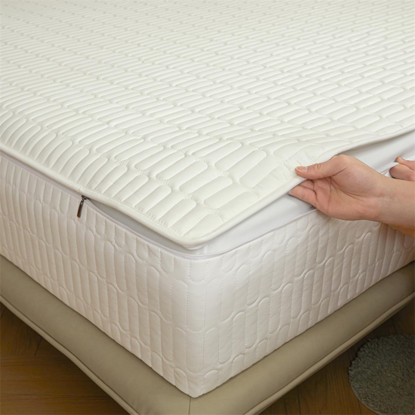 Zipped Quilted Mattress Protector Single Bed 90x190 Customizable Five-sided Quilted Mattress Cover Double/King Zip Up Bed Sheets Breathable Mattress Encasement Topper Fitted Sheet(70x200+10cm,White) — image 1