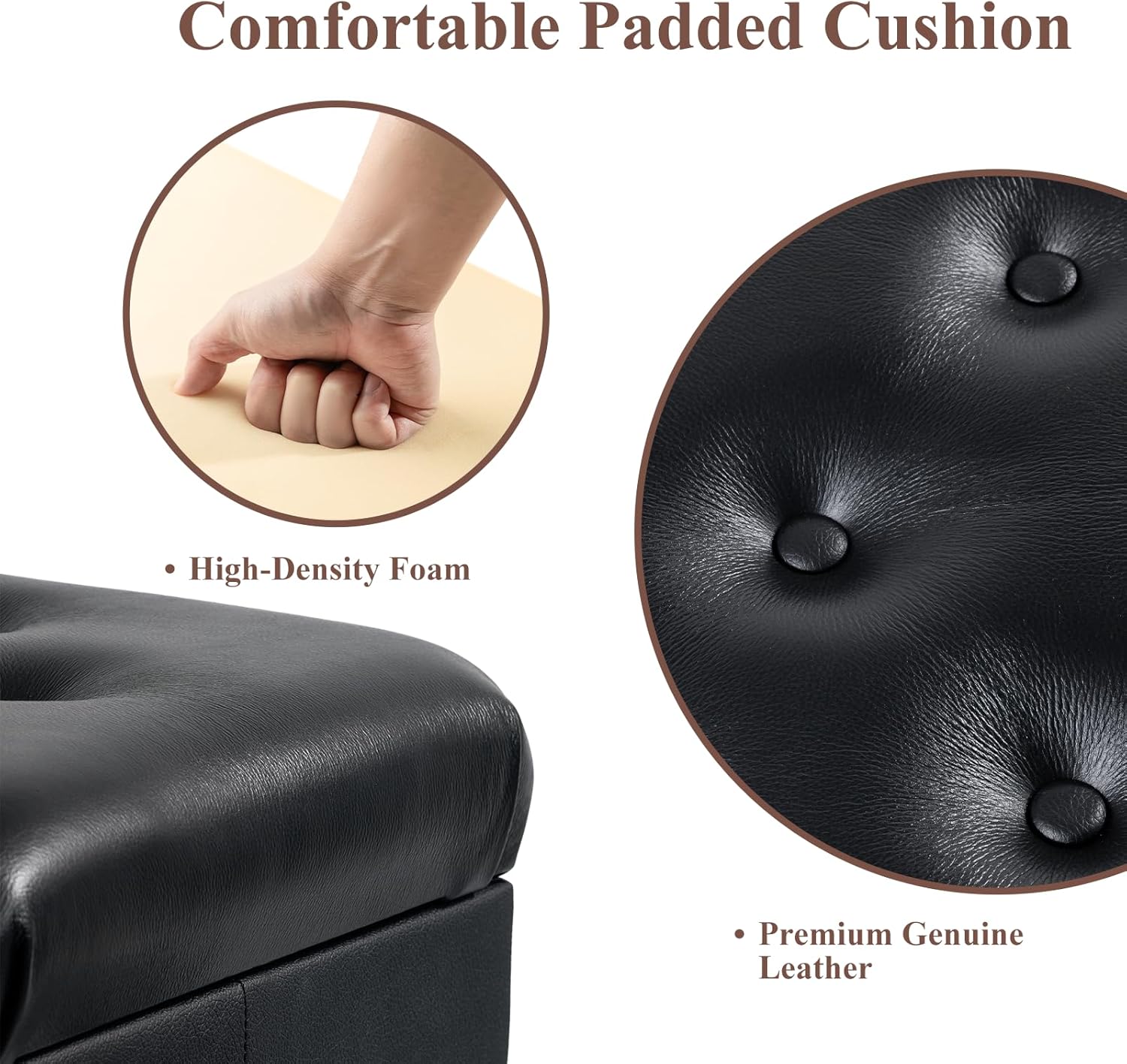 Genuine Leather Piano Bench with Storage, Adjustable Height Keyboard Bench with High-Density Sponge Cushion,Curved Legs for Piano/Keyboard, Supports Duet Playing,Black