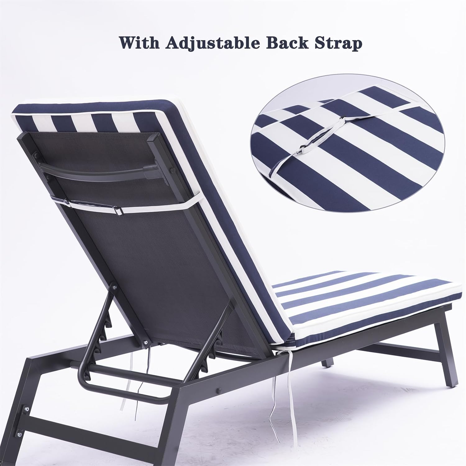 2PCS Set Chaise Lounge Cushions Outdoor with Adjustable Strip， Replacement Lounge Chair Cushions for Outdoor Furniture, Memory Foam Patio Furniture Seat Cushion Chaise Lounge Cushion, Blue Striped