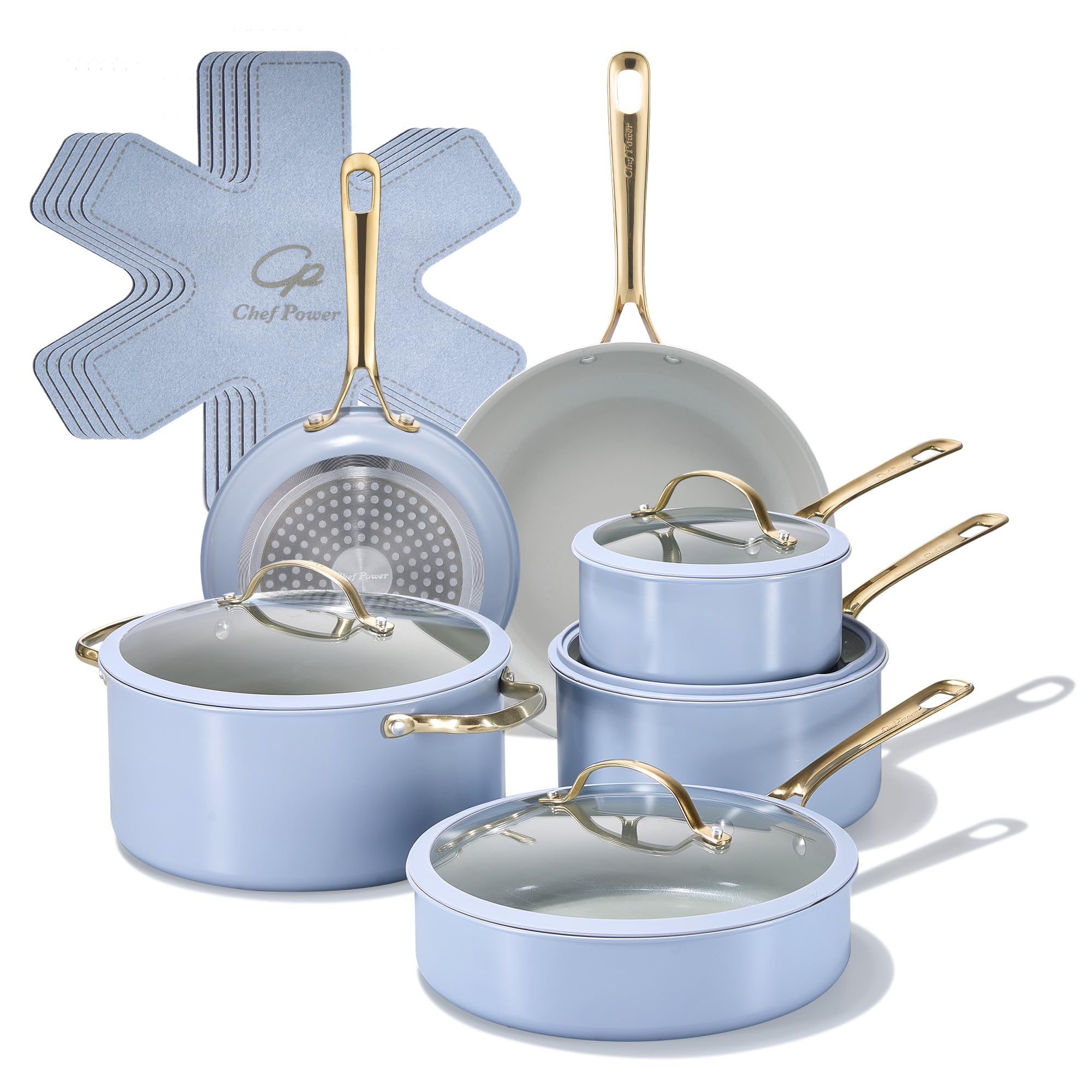Chef Power Ceramic Cookware Sets, 15Pcs Pots and Pans Set Non Stick, Cookware Set with St…