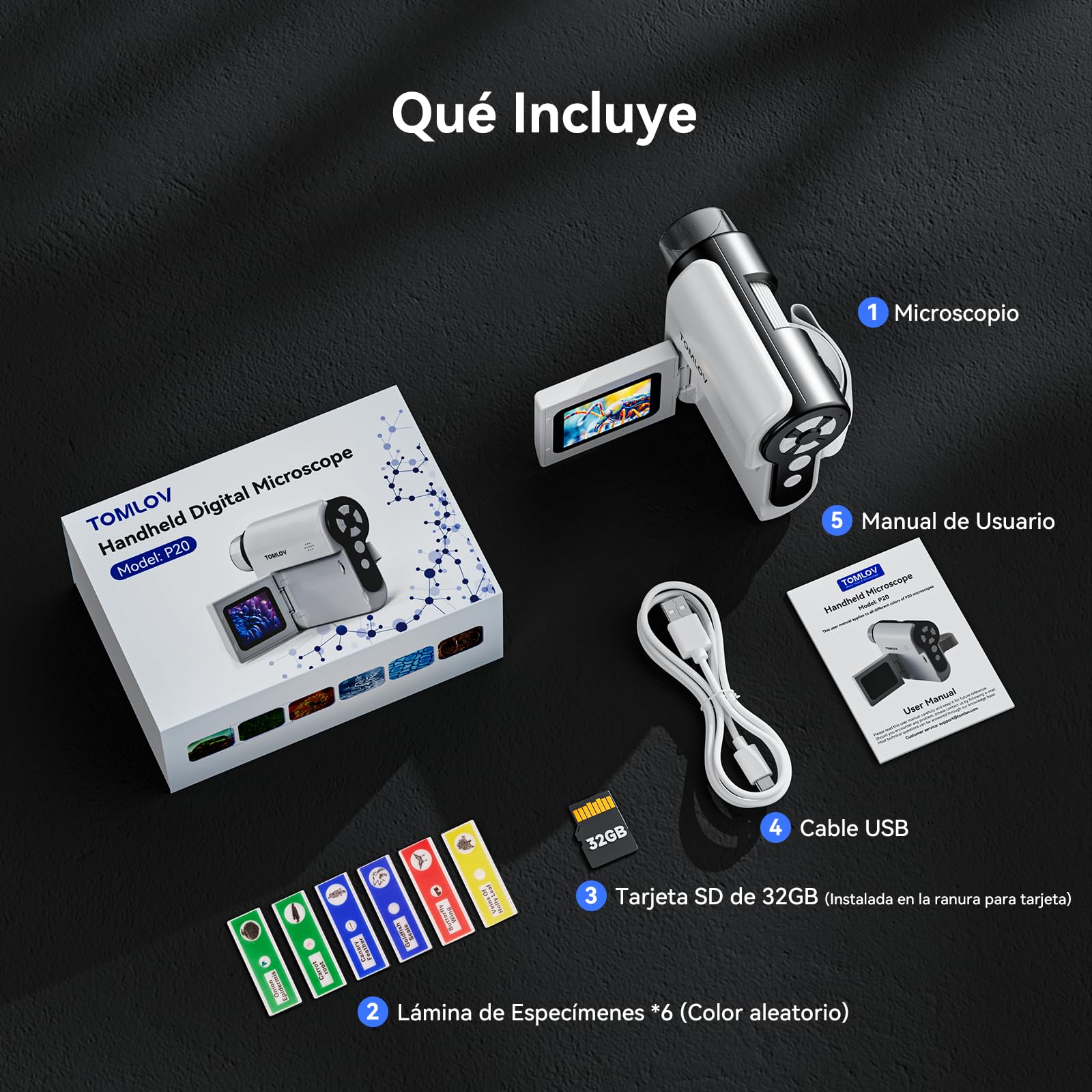 TOMLOV P20 Microscopio Digital Portátil para Niños, Miniscopio Multifuncional, Cámara DV 1080P Portátil con Pantalla LCD Plegable de 2", Compatible con MacOS y Windows, 4 Horas, 6 Preparaciones, 32GB