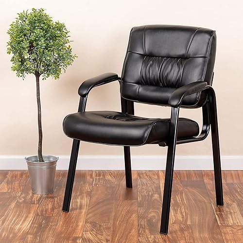 Miniatura 2 de Silla negra de cuero para invitados  recepción con marco en acabado negro de Flash Furniture Cuero Negro