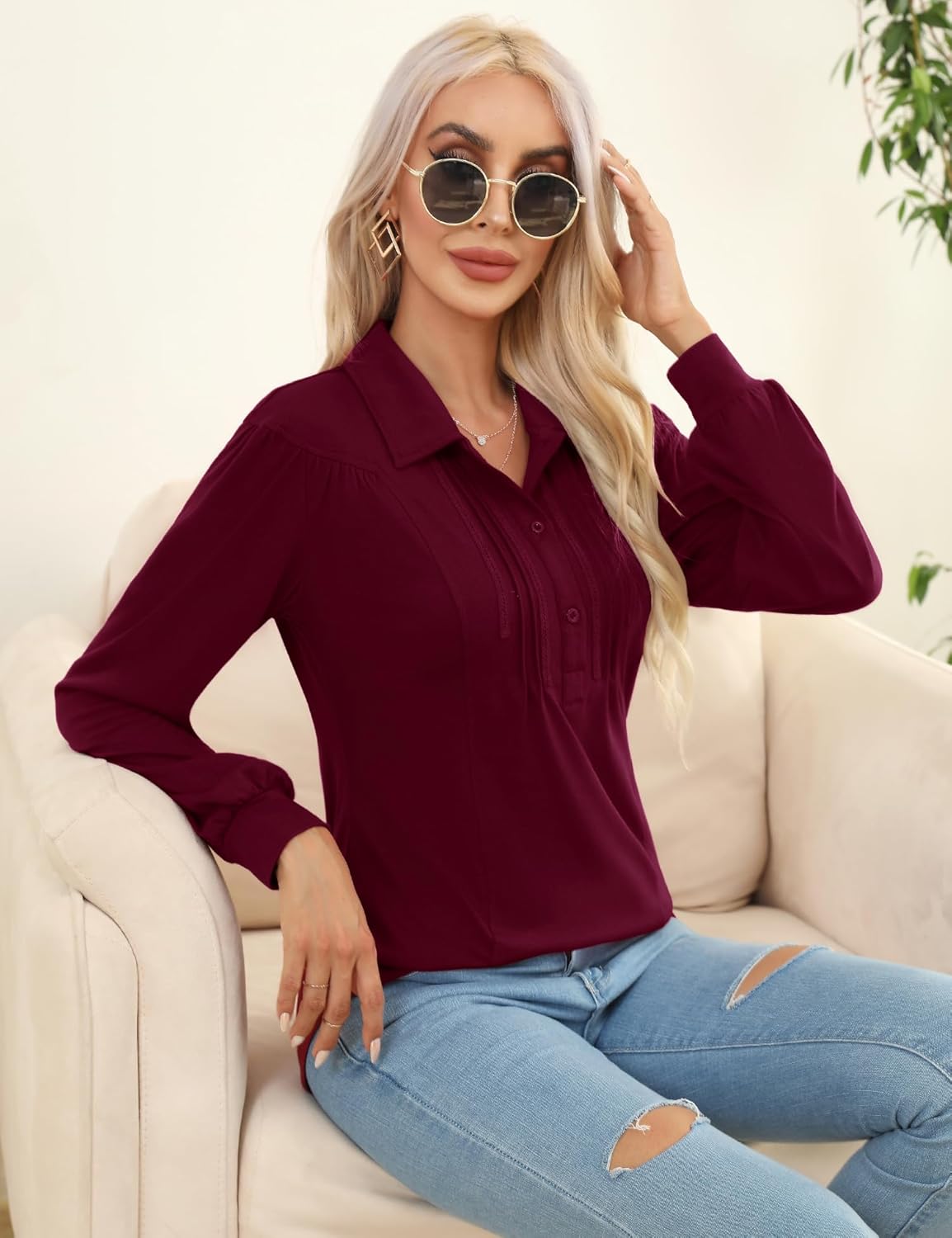 Micoson Polo Shirts for Women Long Sleeve Button Down Collared Tops Loose Casual Tunic Blouses - Image 4