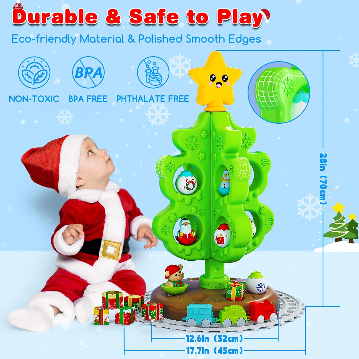 My First Christmas Tree for Toddlers, Montessori Christmas Decoration Toy with Ornaments, Mini Train Set, Roly Poly Toys, Finger Puppets, Birthday Xmas Gifts for Little Kids Boys and Girls