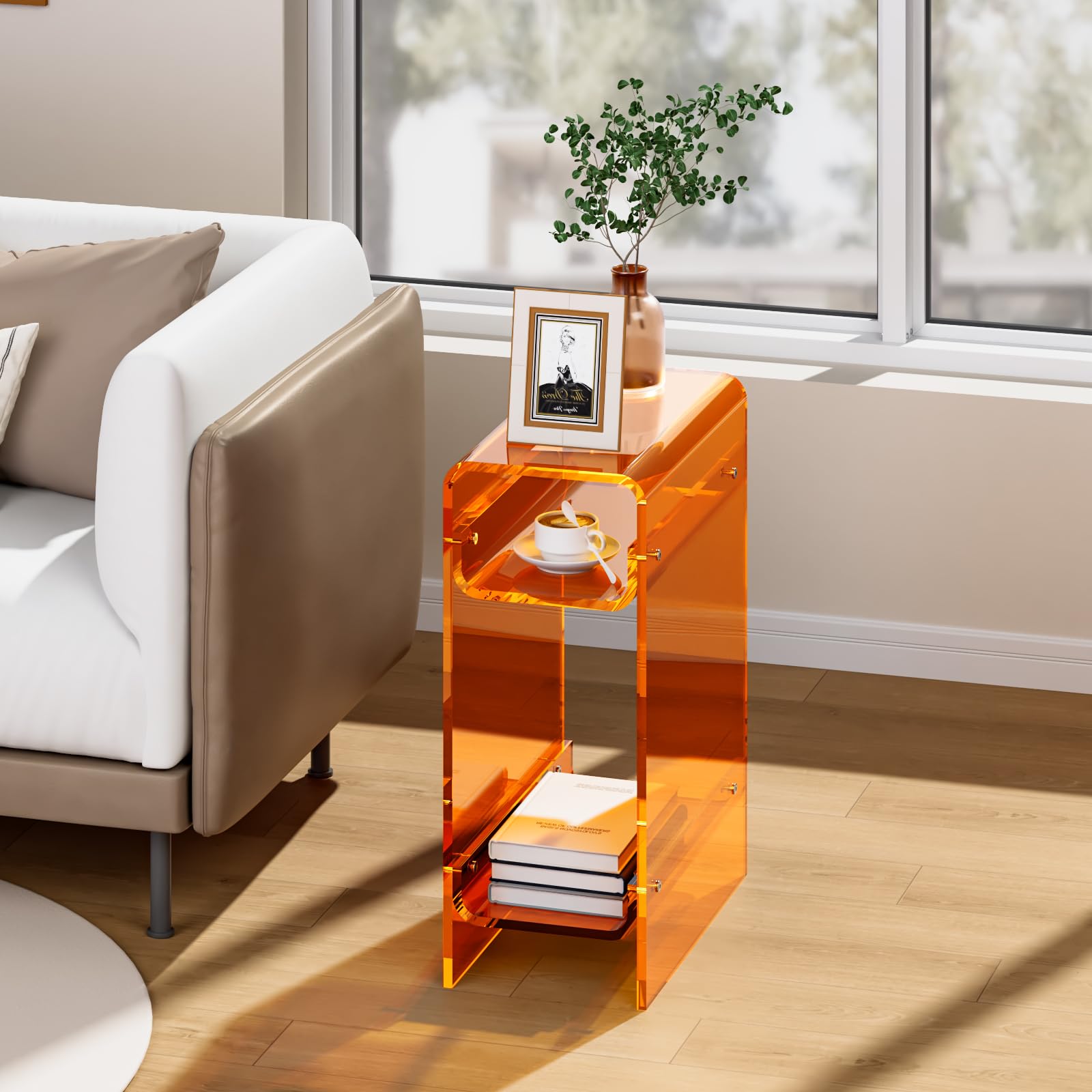 Beistelltisch aus transparentem Acryl, schmal, schmaler Beistelltisch für kleine Räume, schmaler Nachttisch, Nachttisch für Schlafzimmer, Wohnzimmer, Büro (Orange, 22×40×55cm)