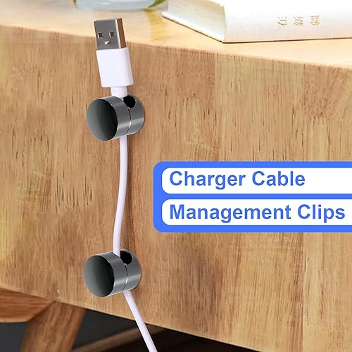 Miniatura 5 de 6 juegos de soportes de cargador para cables, soportes de anclaje de cable ajustables negros, clips de cable de metal adhesivos, organizadores de