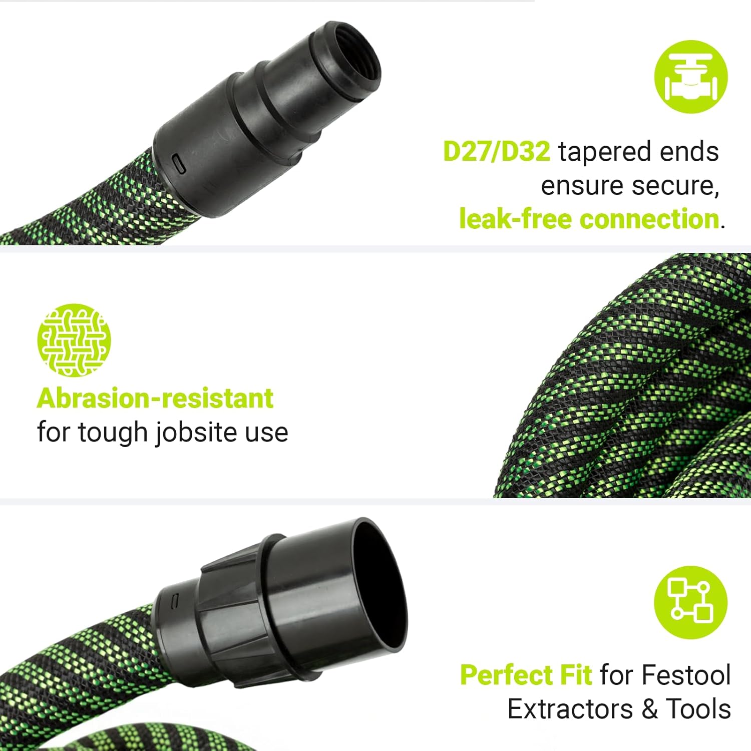 Dust Extractor Hose D27/32 x 3.5M (11.5 Ft), Anti-Static, Compatible with Festool CT 15/25/26/36/48 and CT MINI/MIDI Dust Extractors (2019+), Heavy-Duty Vacuum Hose with Reinforced Woven Sleeve, Green