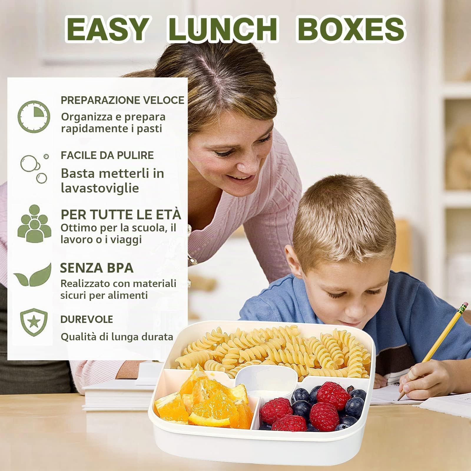 Greentainer Lunchbox Bento Box a prova di perdite con 1 forchetta, contenitore per insalata con contenitore per condimento, 3 scomparti, ideale per scuola, lavoro, picnic, viaggi, campeggio