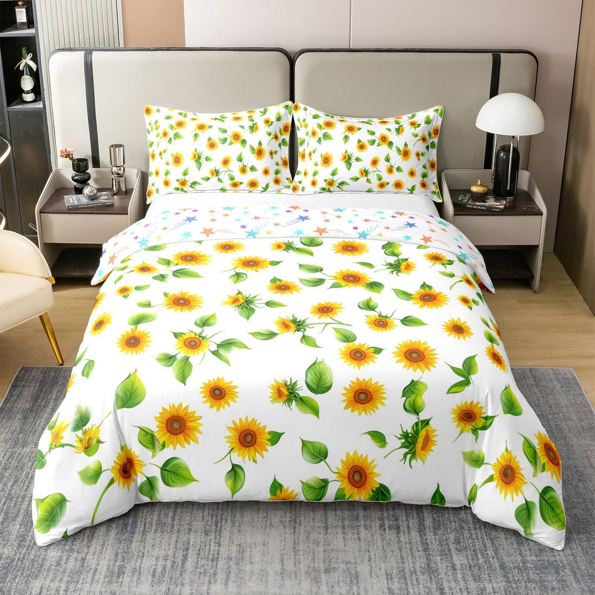 Housse de couette anti-transpiration en coton Manfei lit King Size motif floral jaune