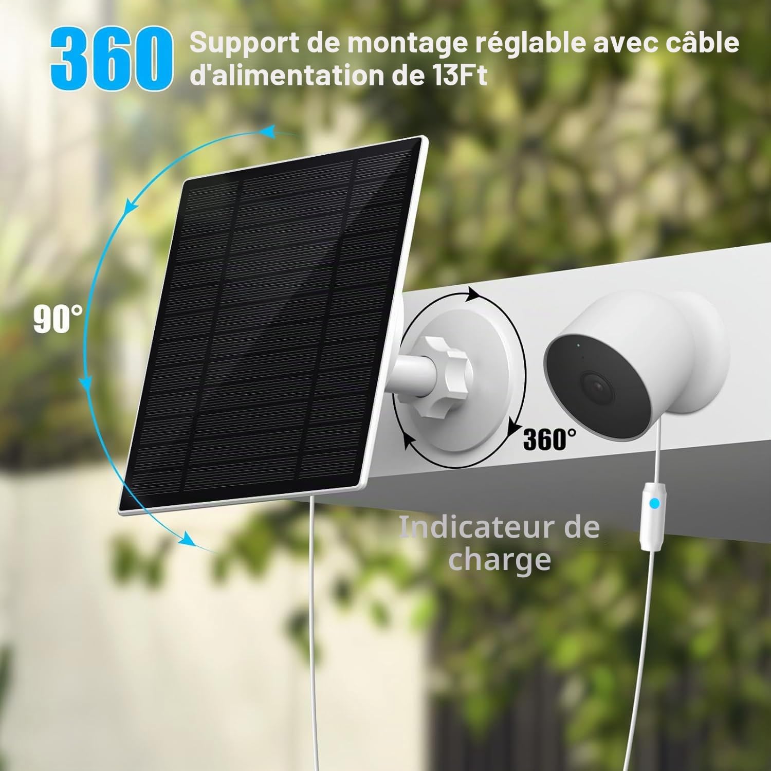 Panneau solaire amélioré de 6W avec lumière de respiration d'alerte de charge, compatible avec la caméra Google Nest Camera Outdoor & Indoor & 2nd Generation (Battery Version), installation facile