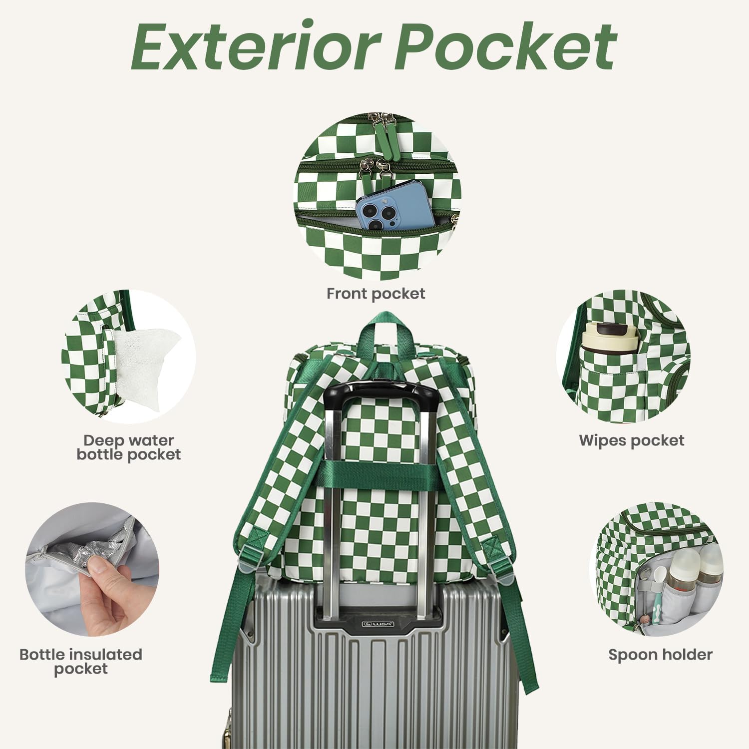 FHELAD Checkered Diaper Bag Backpack with Changing Pad & Stroller Clips, Large Travel Baby Diaper Bag for Newborn Moms, Baby Shower Gifts (Dark Green)