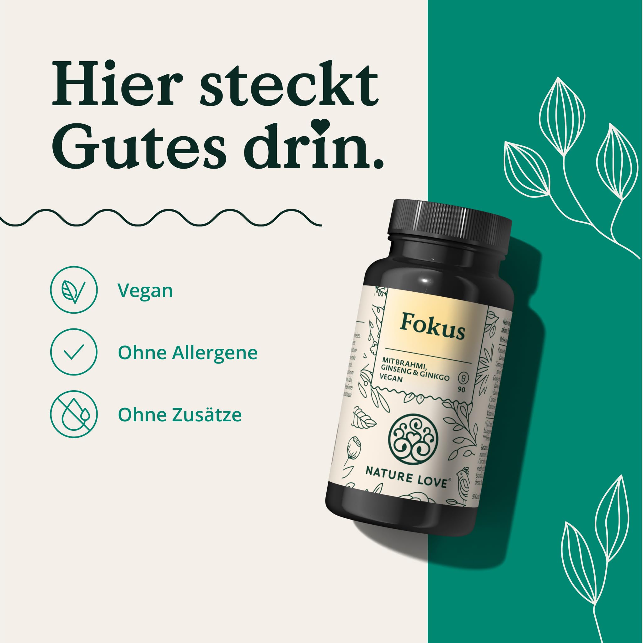 NATURE LOVE® Fokus – 90 Kapseln – mit Ginseng, Ginkgo Biloba, Brahmi & Cholin – Alternative zu Konzentrations Tabletten & Brain Booster – vegan, laborgeprüft, in Deutschland produziert