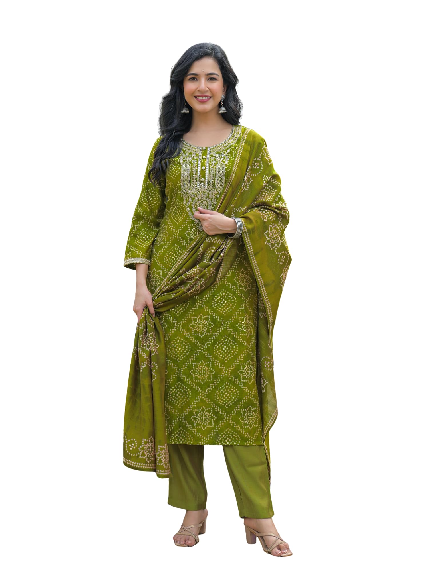 Women's Green Silk Blend Embroidered Straight Bandhani Kurta Trousers With Dupatta Set | Festive Straight Kurta Set For Women | Bandhani Salwar Suit For Women-image-34