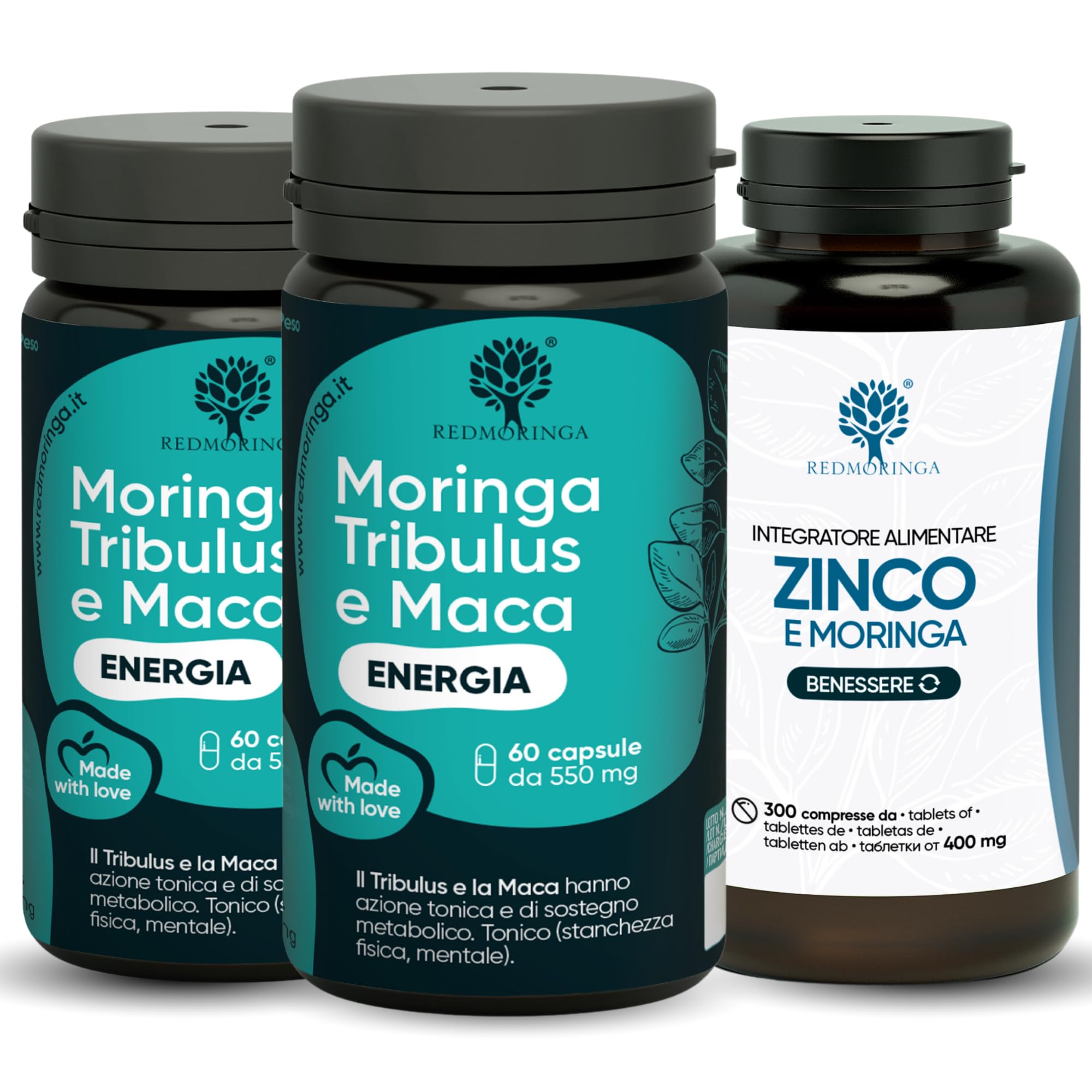 Trattamento BOOST T Uomo – T-Booster Potente con Tribulus Terrestris 90% Saponine + Maca Peruviana + Moringa BIO + Zinco 300 Compresse | Forza, Massa e Vigore | RedMoringa