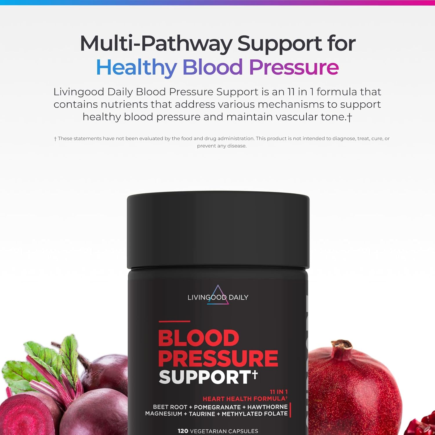Livingood Daily Blood Pressure Support, Heart Health Supplement for Men & Women with Beet Root, Pomegranate, Hawthorn, Magnesium & Taurine, Cardiovascular Support Formula, Vegan, 120 Capsules - Image 2