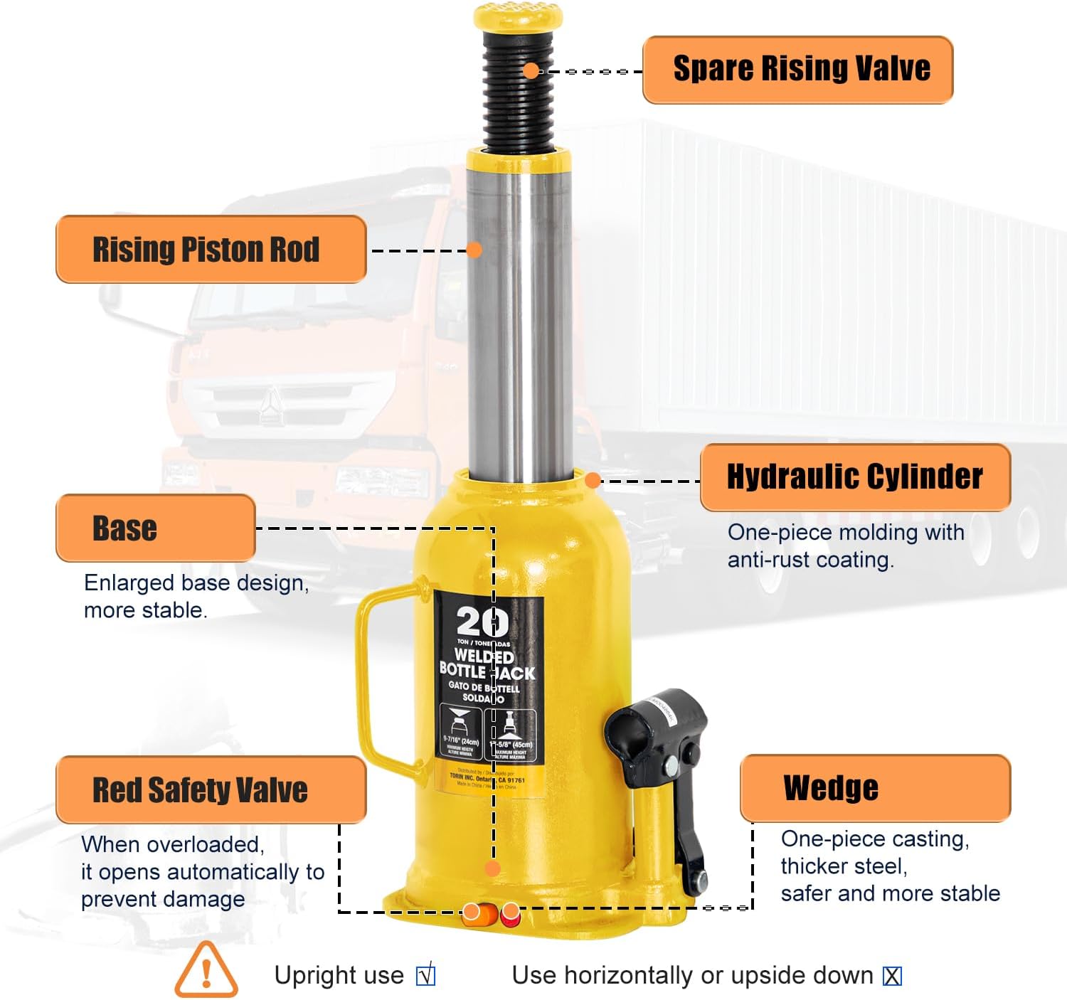 20 Ton (44,000 lb) Heavy Duty Hydraulic Bottle Jack - Industrial Welded Steel Car Lift Jack for Auto Repair & House Leveling - Professional Grade with Safety Valve - Yellow, TAM92003Y