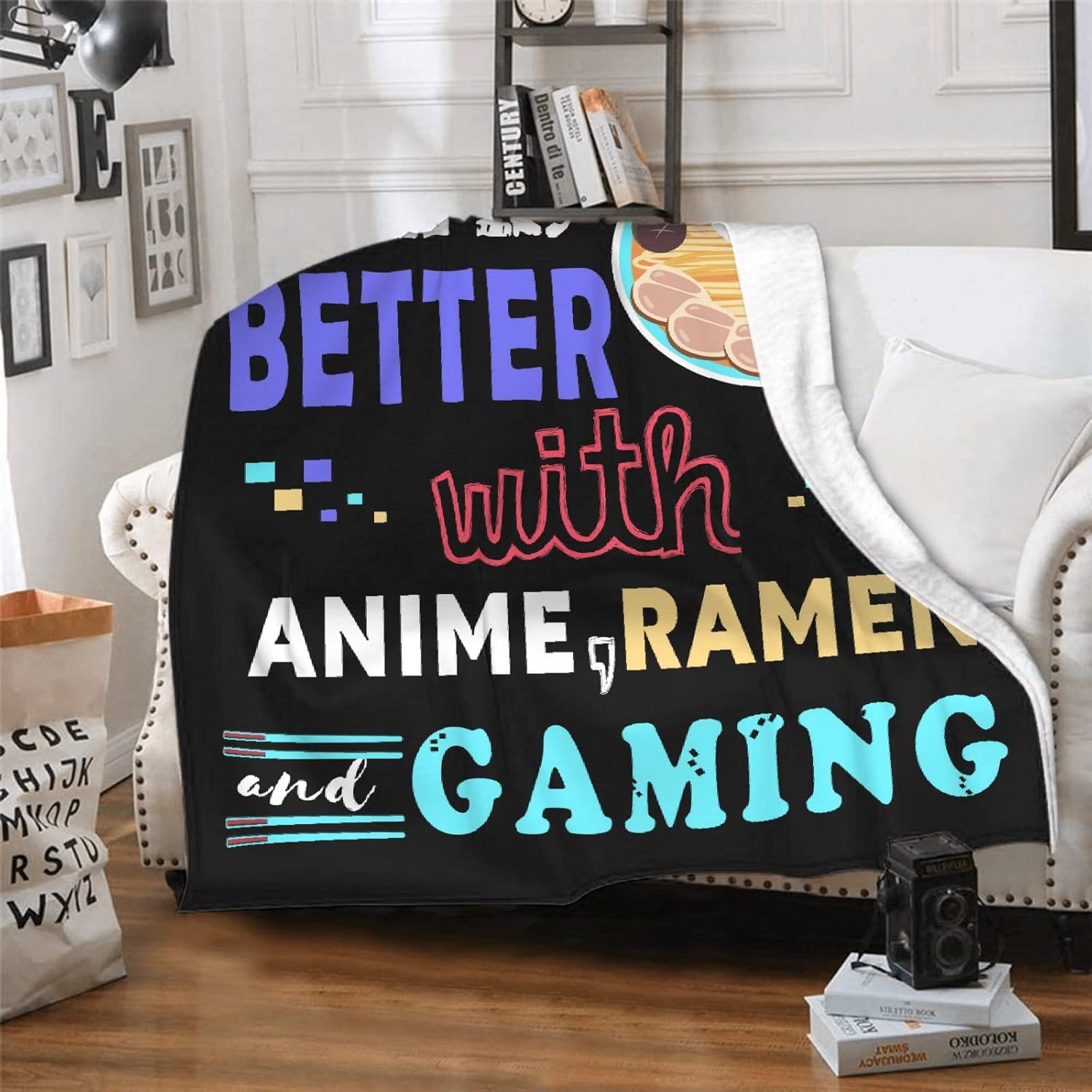 Anime Throw Blanket, Ramen Noodle Blankets,Life is Better with Gaming Gifts for Teen Boys Men Gamer Ramen Anime Lovers,Soft Lightweight Plush Flannel Game Themed Quilt,50 in x 40 in - Image 7