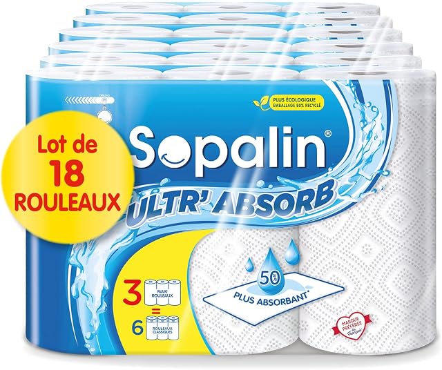 Sopalin Ultr'Absorb - 18 Maxi Rolls = 36 Classic Rolls - 50% More Absorbent - Maxi Rolls 2 Times Longer - Half Sheets - Ultra Absorbent - FSC Certified Mixed Paper (C017535)