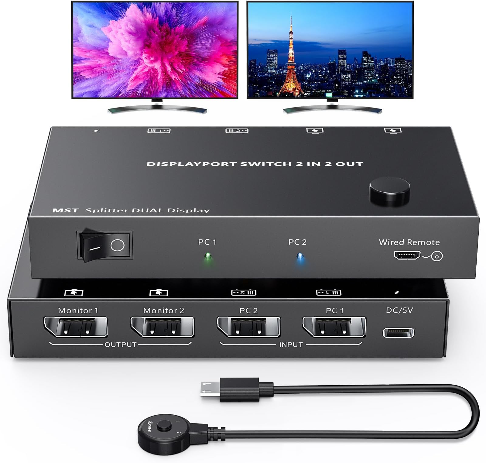 camgeet Displayport Splitter Switch 4K@60Hz, 2 in 2 out MST SST DisplayPort Splitter for 2 Computers Switch to 2 Monitors, Wired Remote and USB Power Cable Included