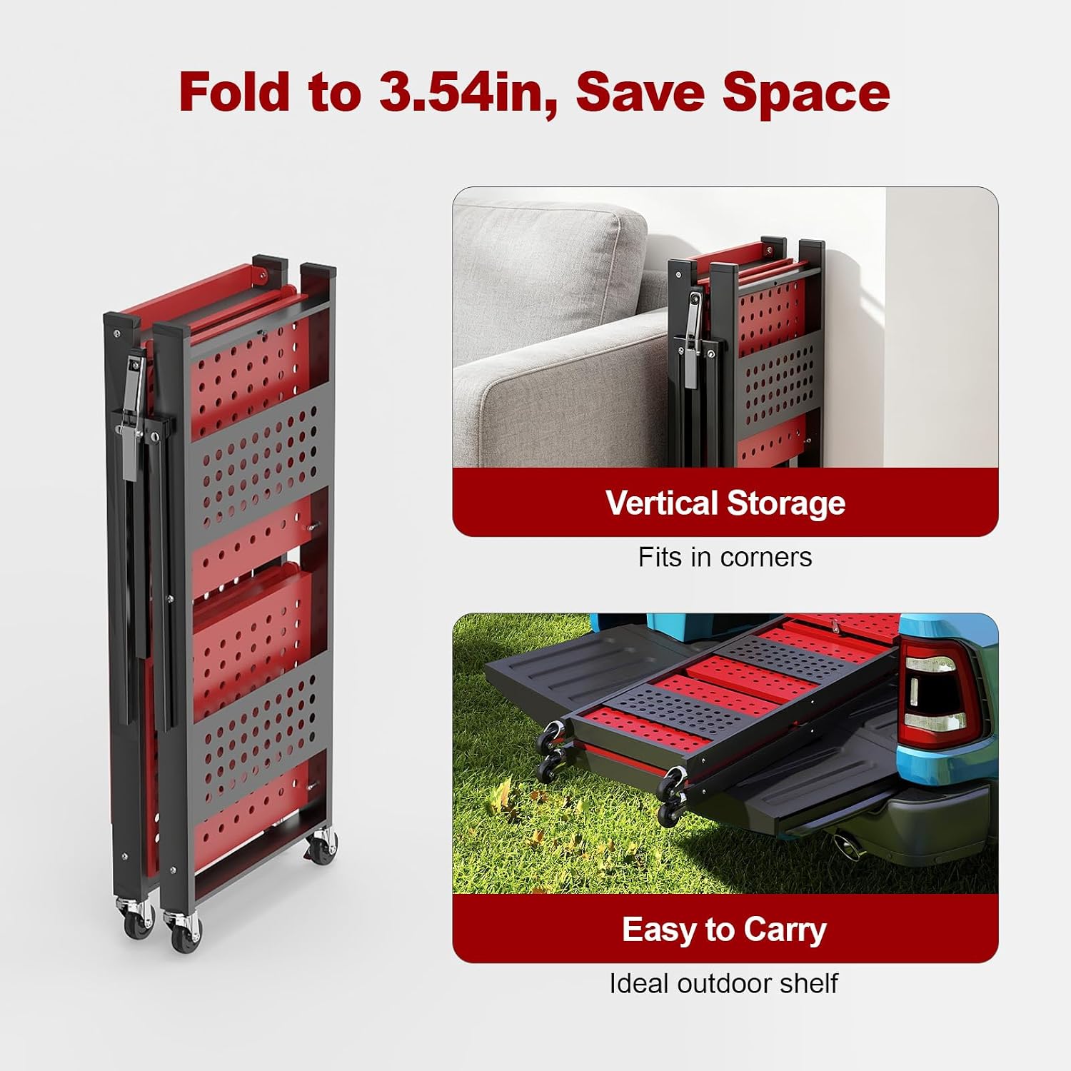 3-Tier Folding Shelf with Roller Casters for Storage Required. | Heavy-duty steel folding shelf Side Pegboard Construction Garage Shelves, Red And Black Perforated Shelves, No assembly