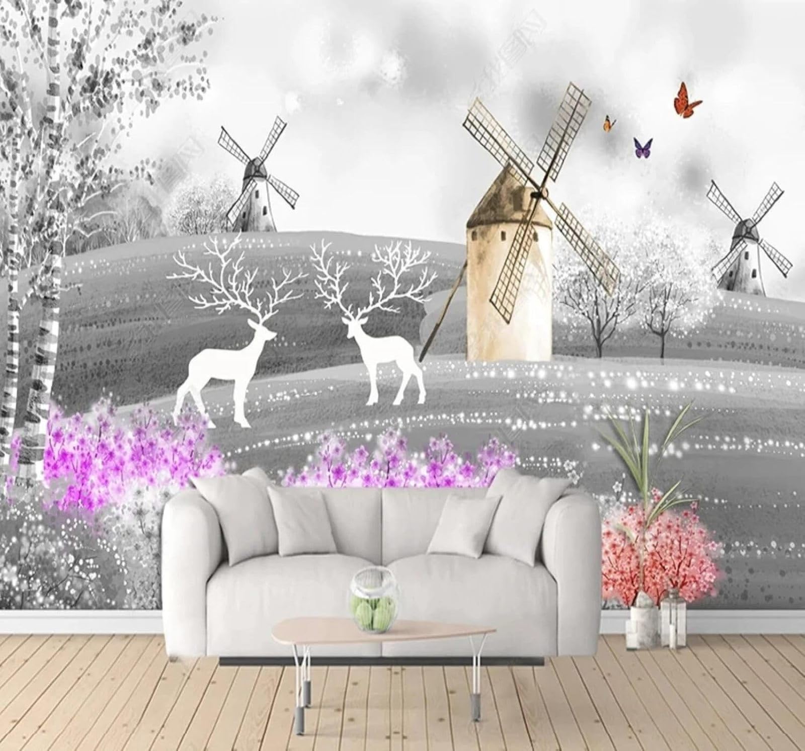 XLMING Creative Hand Drawn Hills Windmills Reindeer 3D Wallpaper Silky Texture Home Study Office Grey Dining Room Sofa Bedroom Living Room TV Backdrop-400cm×280cm