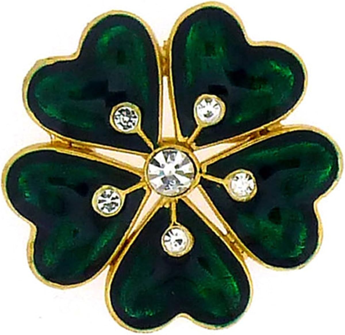 Brooches Store Gold Plated Green Enamel and Crystal 5 Leaf Clover