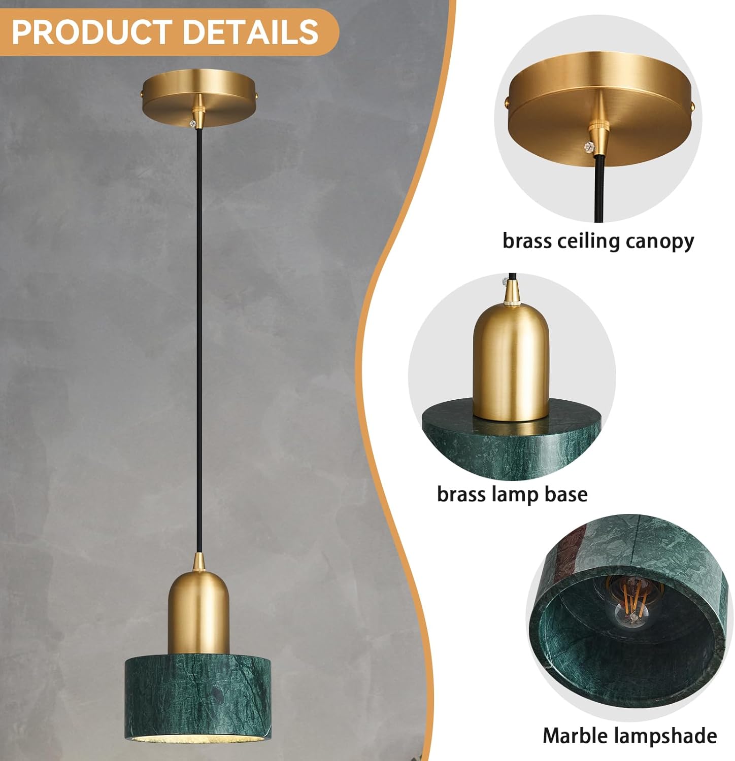 Natural Stone Pendant Lights Kitchen Island, Dark Green Brass Pendant Light Fixtures, Pendant lamp Marble Cylinder Shade Copper, for Bedroom Bathroom Dining Room Living Room(1-Pack)