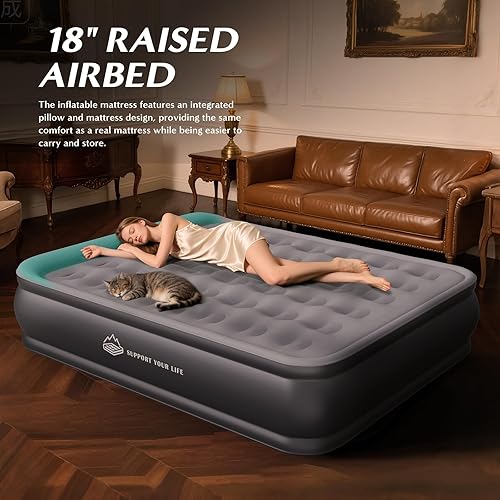 Miniatura 5 de Colchón de aire Queen con bomba incorporada, colchón de aire de un solo toque con almohada, sin olor peculiar para camping, hogar, invitados y