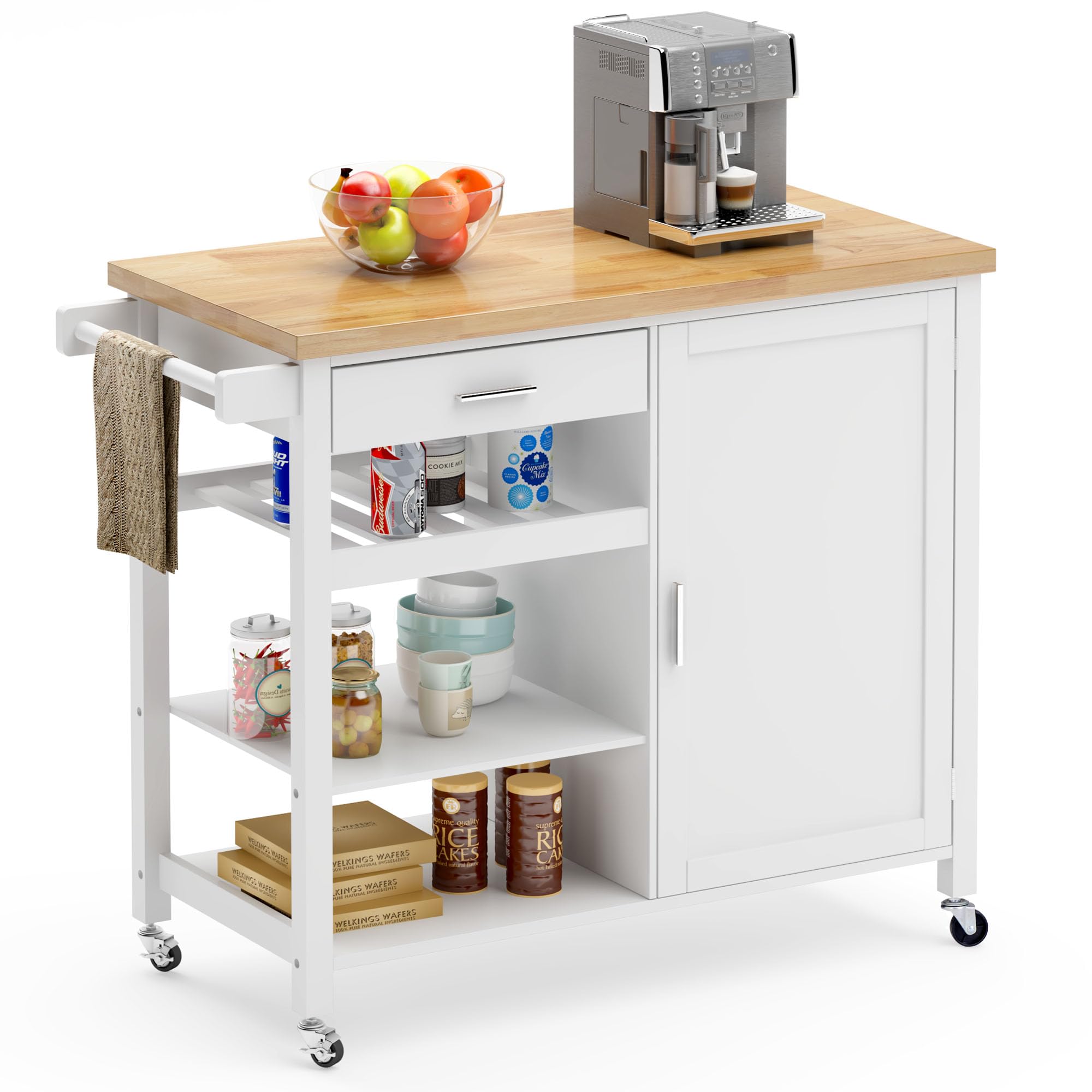 soges Isla de Cocina Móvil con Ruedas, Carro de Cocina Blanco de Madera con Cajón, Estantes de 2 Niveles, Organizador de Botellas y Toallero Trolley Versátil y Elegante
