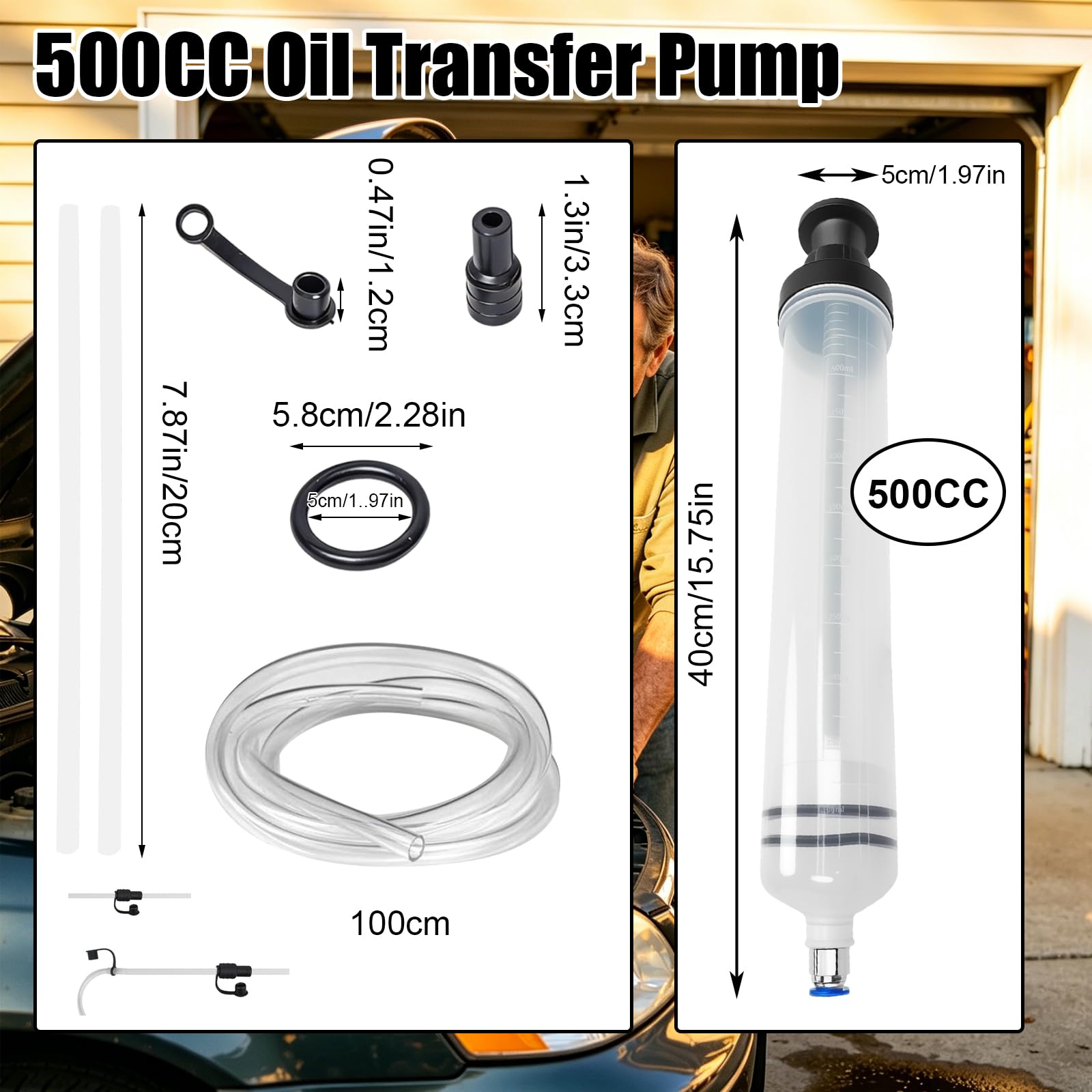 Pompa Manuale a Siringa 500 ml, Siringa di Aspirazione Olio con Tubo Flessibile per Estrazione e Riempimento Liquidi, Pompa Olio Manuale per Autoveicoli Liquido Freni, Adatta per Olio Motor