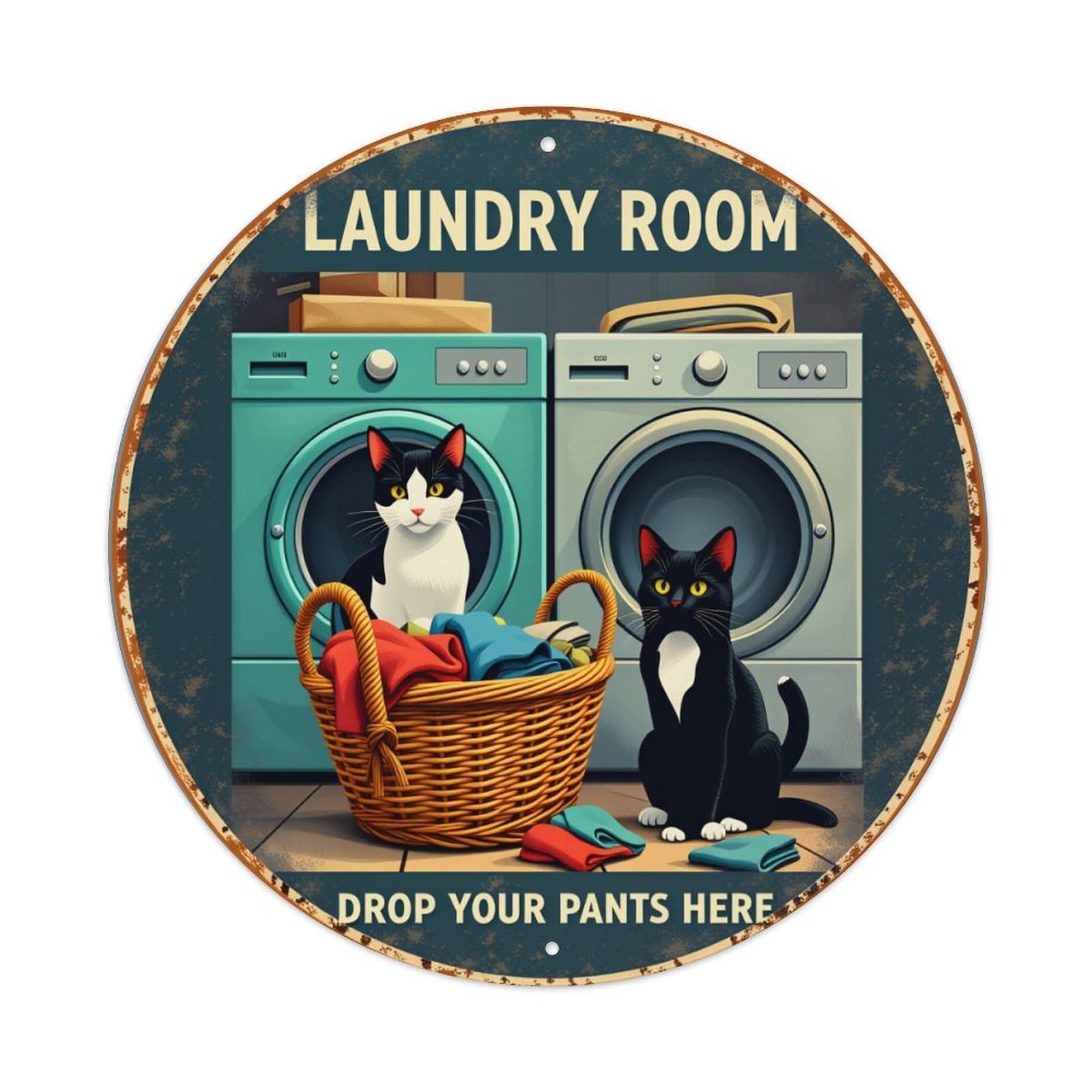 Laundry Room Cats Basket Clothes Washer Dryer Round Vintage Tin Sign,Retro Wall Art,Metal Poster for Home, Bar, Garage, Cafe, Rustic Indoor & Outdoor Decor, 8x8 Inches