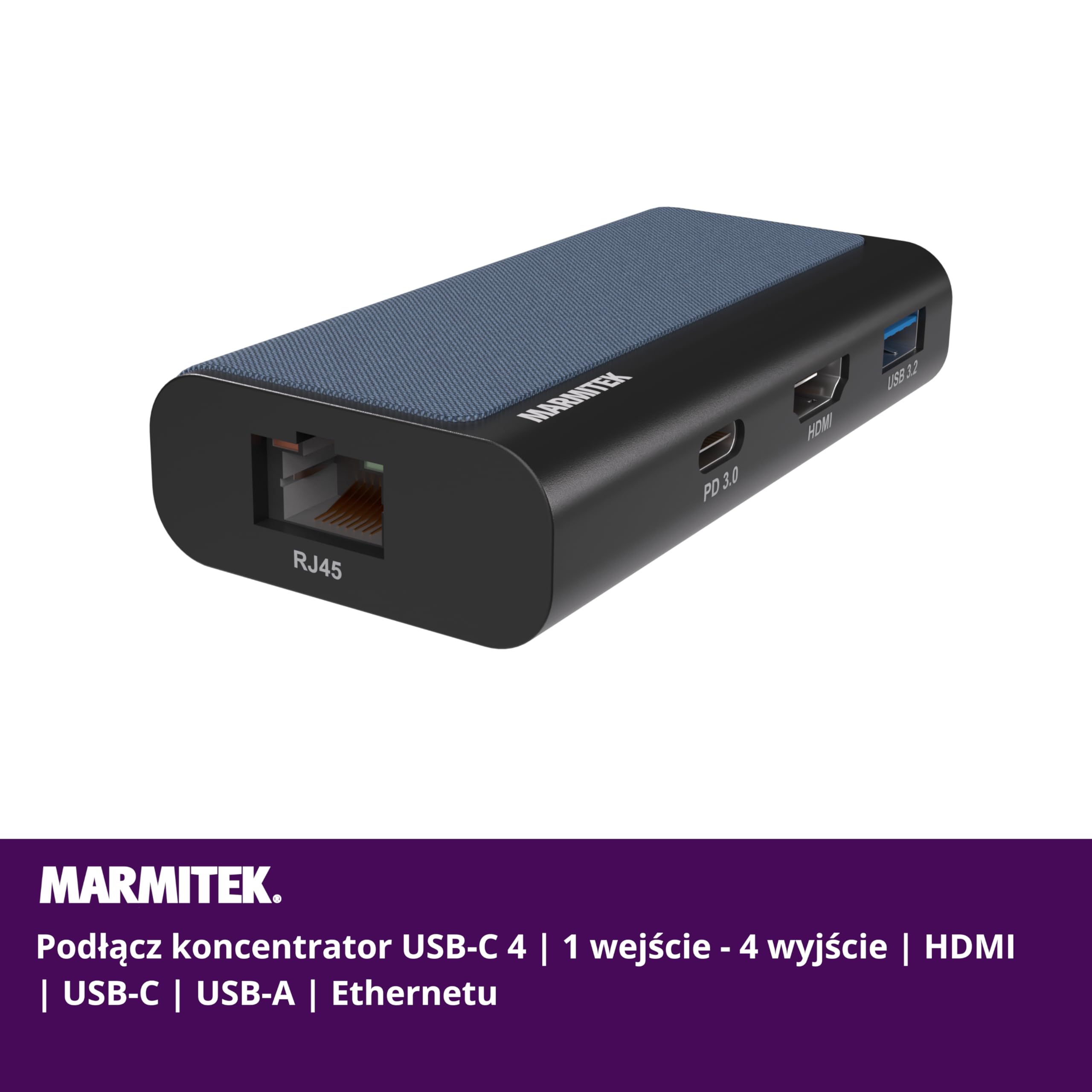 Hub USB C 4 w 1 - Marmitek Hub USB-C 4 - Adapter USB C HDMI 2.0 - Stacja dokująca USBC (HDMI, USB-C, USB-A, Ethernet RJ45 - Kompatybilny z iPhone 15, MacBook, iPad Pro, Surface, Galaxy S24-USB 3.2