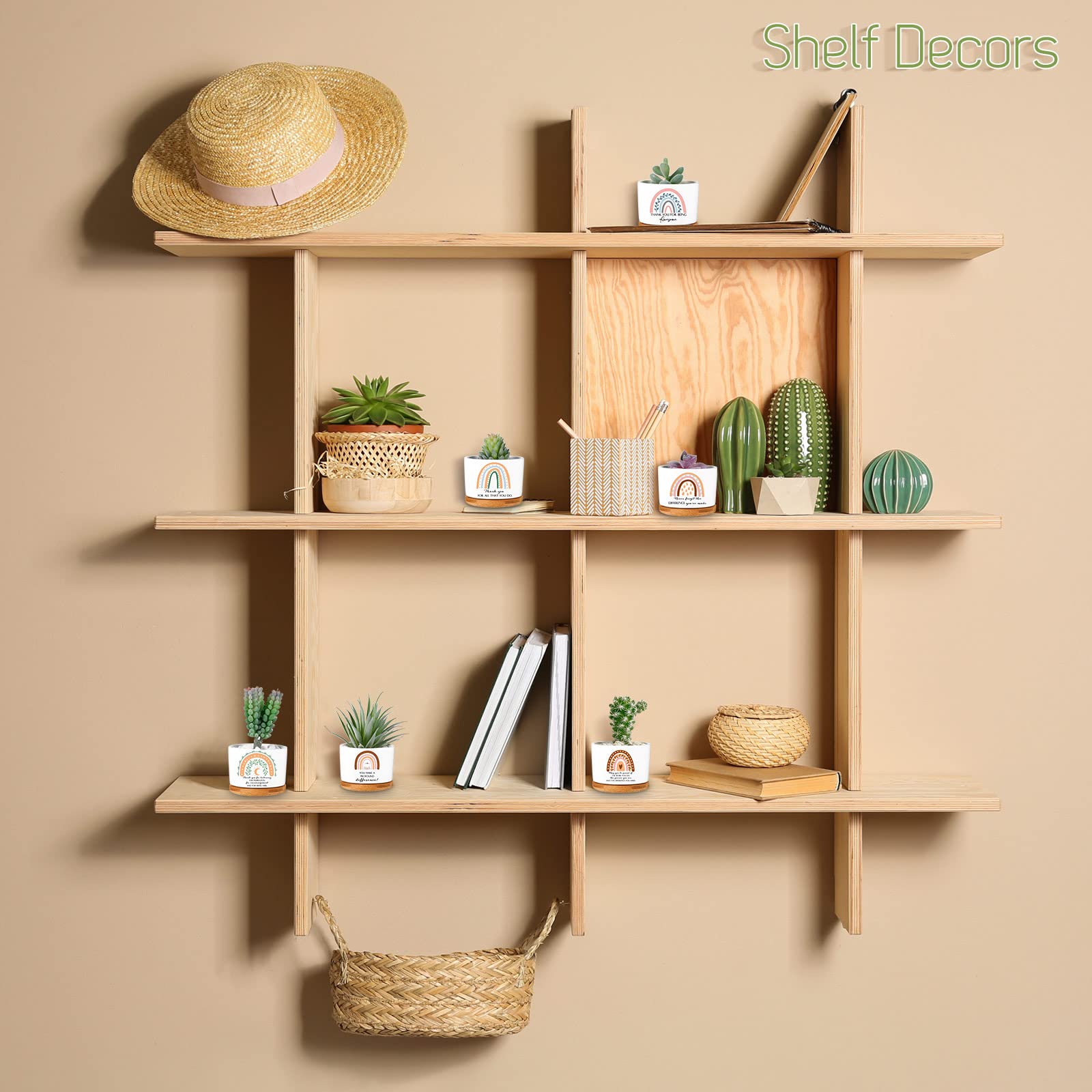 6 Pcs Thank You Gift Rainbow Succulent Pots Mini Ceramic Plant Pots with Bamboo Tray Flower Pots Small Succulent Planters Teacher Coworker Employee Volunteer Nurse Appreciation Gifts, Plants Excluded