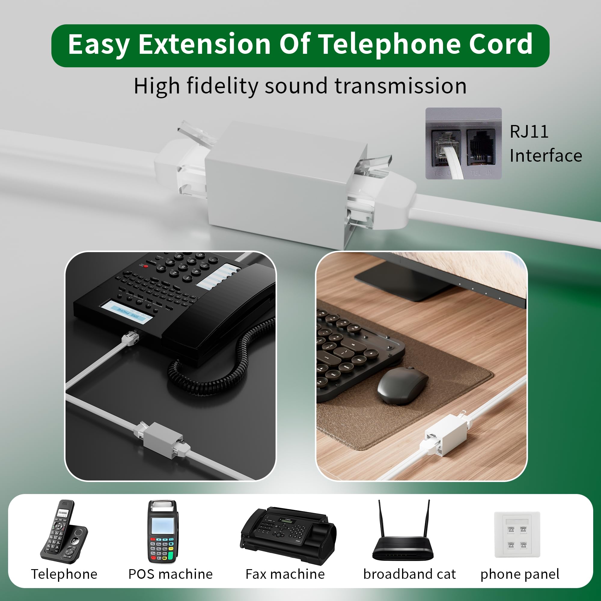 HiFind Cable de extensión de teléfono de 350 pies, resistente a los rayos UV, resistente a la intemperie, cable de línea de teléfono con enchufe RJ11 estándar para módem de línea fija, máquina de fax