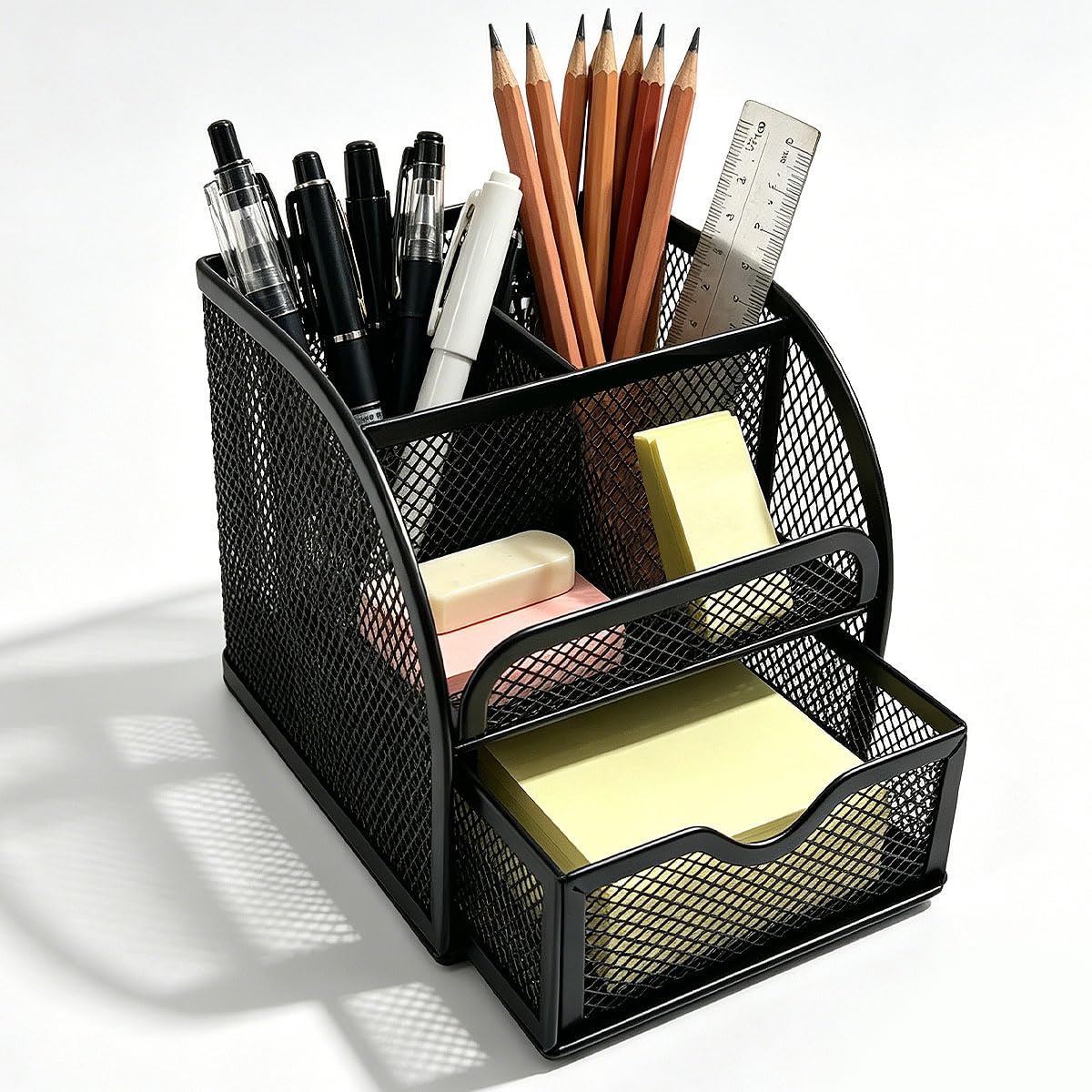 Schreibtisch Organizer Schreibtischorganizer Schwarz Stifte Tisch Organizer Metallgitter Stiftehalter mit 4 Fächern & Schublade stiftebox Mesh Metall Desktop für Büro Zubehör Zuhause Schule