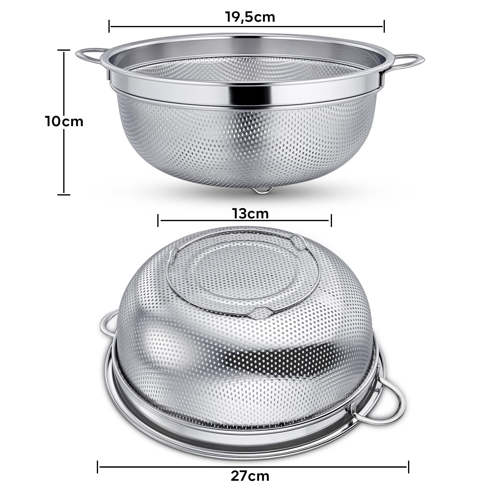 TEAMFAR Sieb, Edelstahl Klein Nudelsieb Abtropfsieb mit Griffen, Micro-Perforierte Seiher Mehlsieb Küchensieb für Nudel/Gemüse/Obst/Reis/Küche, Ungiftig & Spülmaschinenfest, 19,5cm