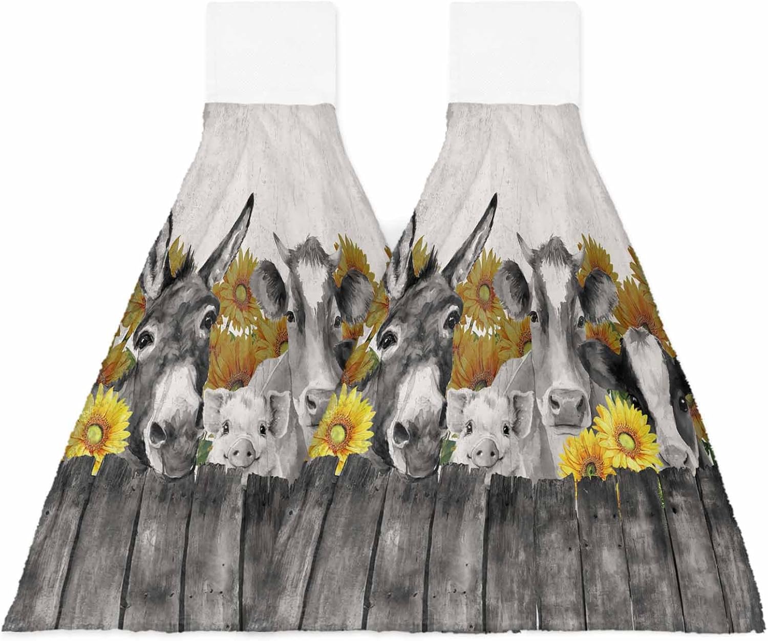 Vintage Farm Animals Kitchen Hand Towels with Hanging Loops Set of 2 Cute Cow Pig Sunflower Soft Thick Oven Fingertip Dry Microfiber Tie Dish Towel Absorbent Cleaning Washcloth for Bathroom Kitchen
