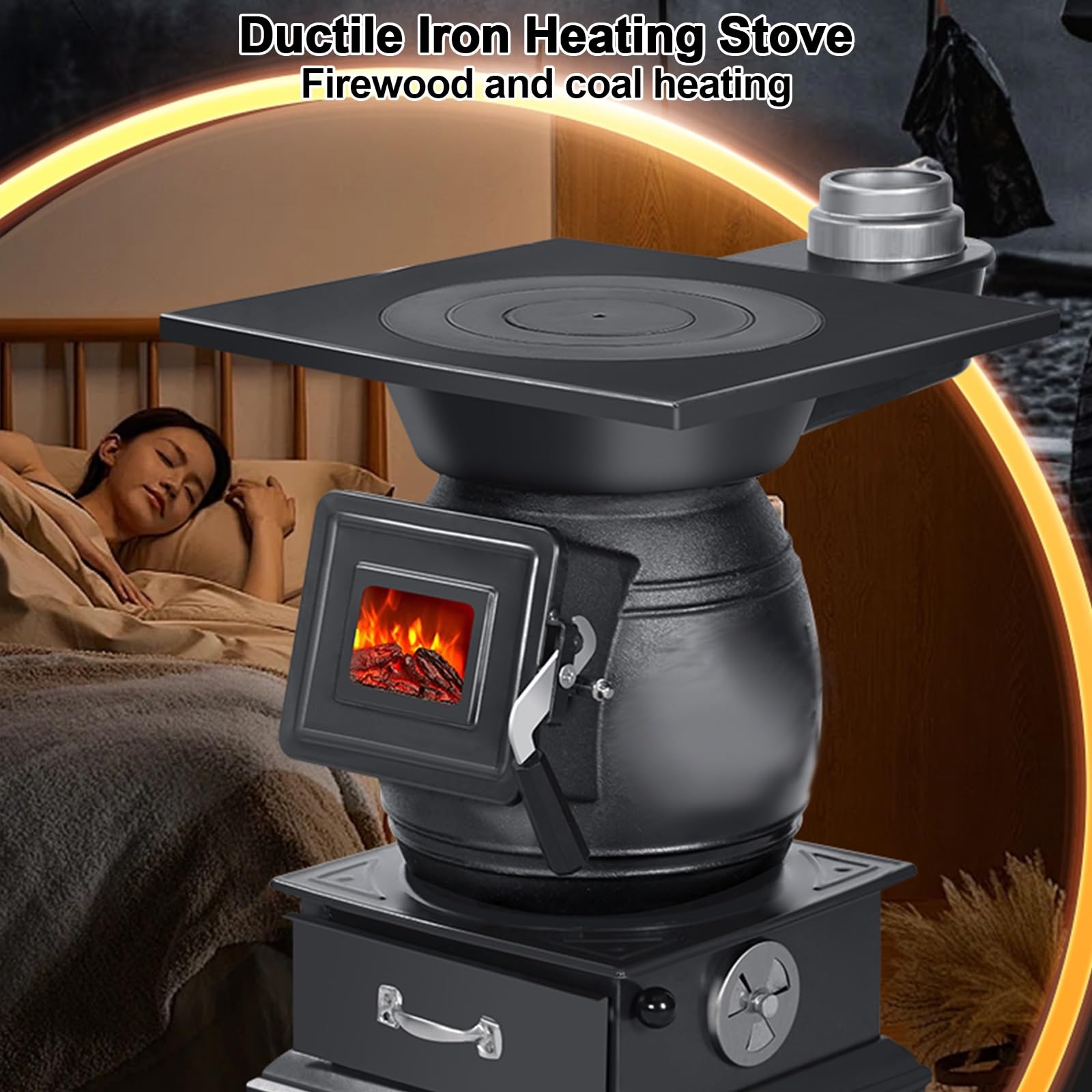 Estufas d Leña de Hierro Dúctil, Estufa Leña Interior, Puerto de Carga de Combustible Visible, Incluye Chimenea y Accesorios, Utiliza Tanto Leña Como Carbón(37 * 37 * 57cm/14 * 14 * 22in)